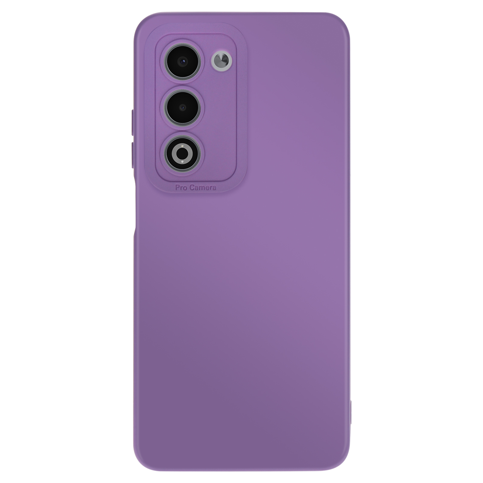 Una custodia per telefono viola con tre lenti per fotocamera e un flash. La custodia è su sfondo bianco.