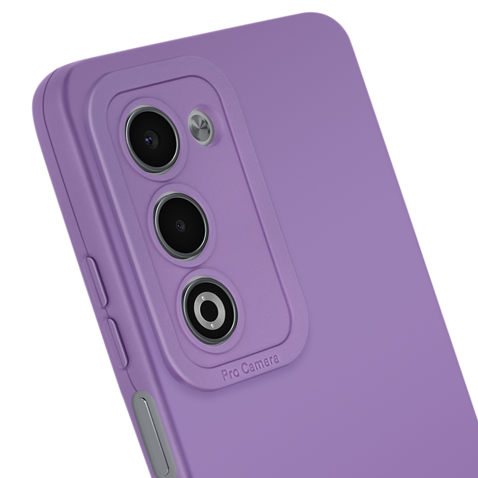 Primo piano di una custodia per telefono viola con tre obiettivi e un flash argentato. La custodia ha i pulsanti del volume.