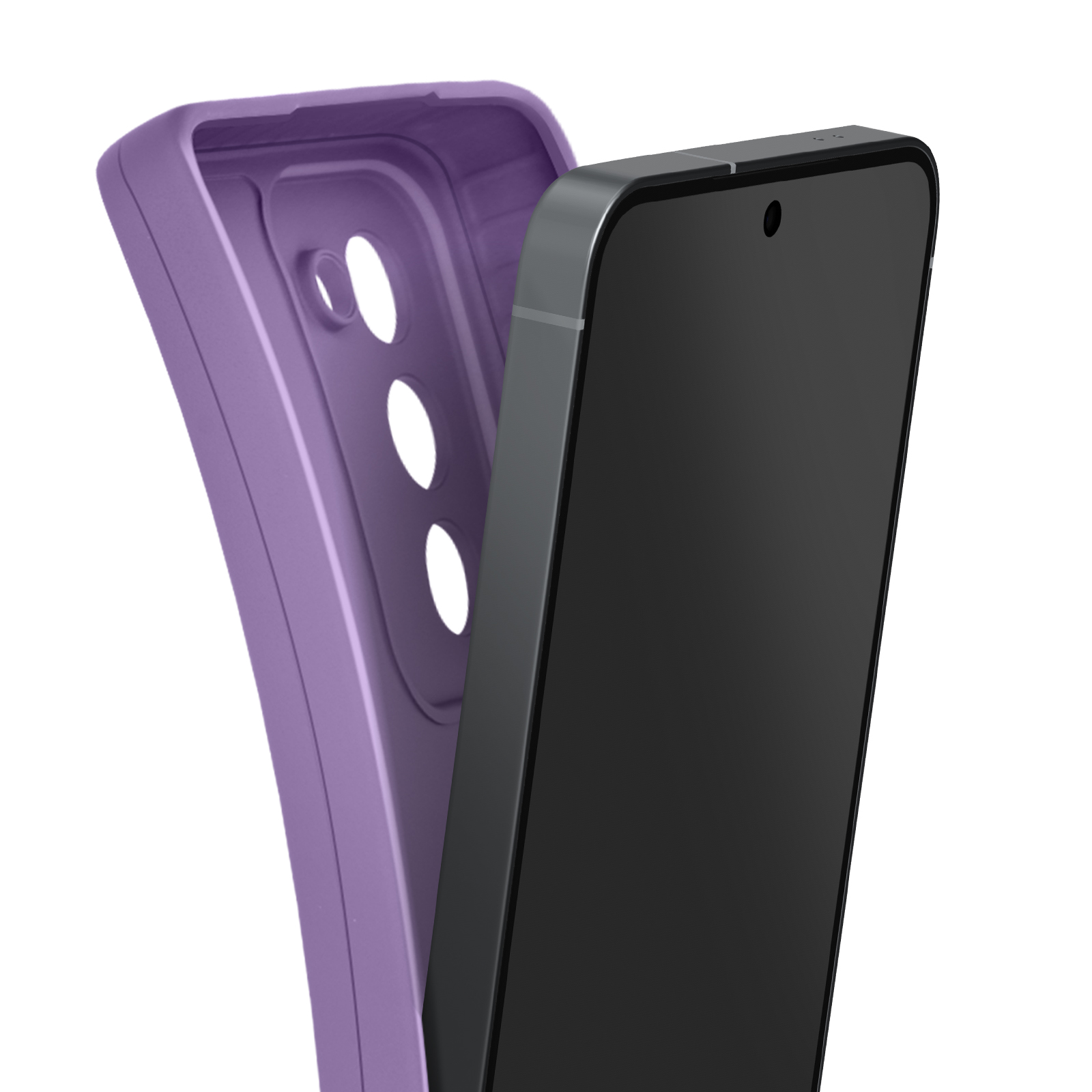Un telefono con schermo nero è accanto a una custodia viola. La custodia ha tre fori.