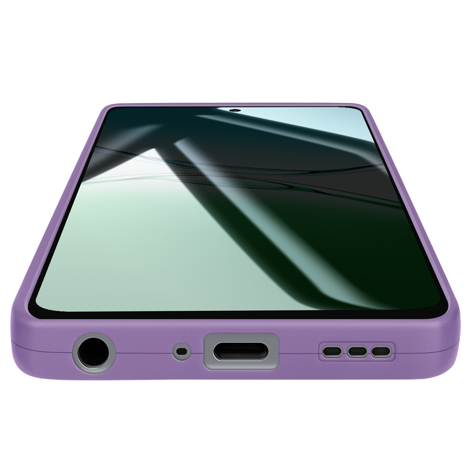 Una custodia viola per telefono con schermo nero. Include jack per cuffie, porta di ricarica e altoparlanti.