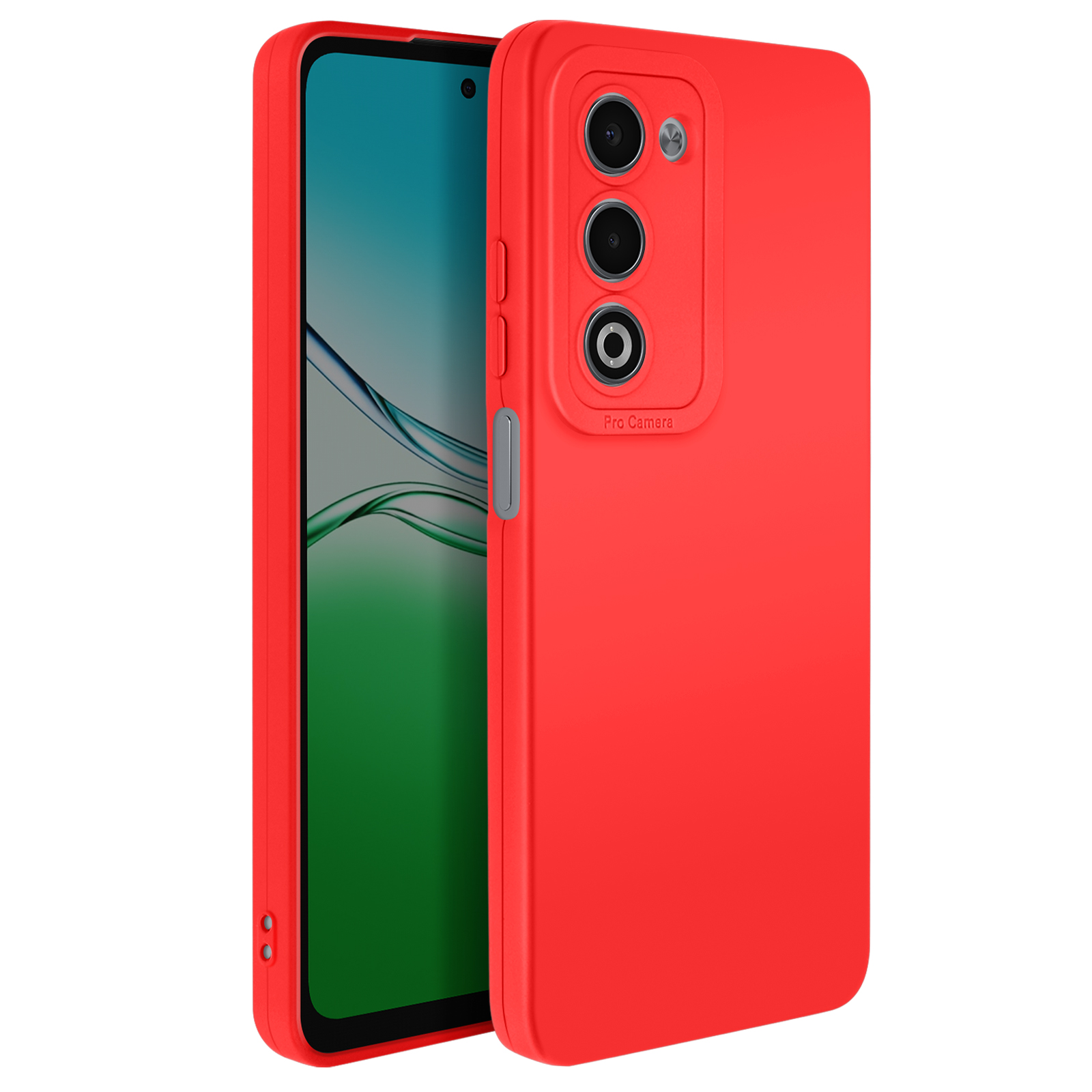 Un étui de téléphone rouge avec trois lentilles de caméra est montré. L'écran du téléphone affiche un design abstrait coloré.