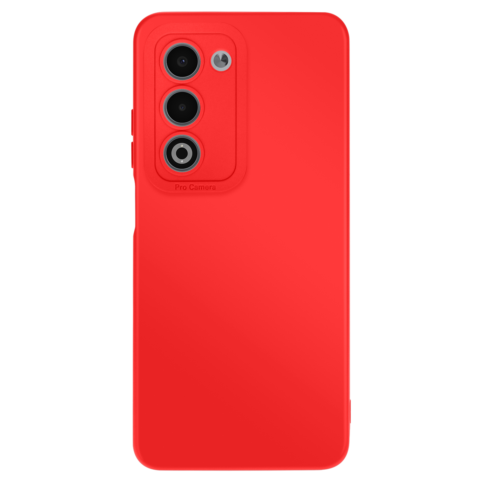 Une coque de téléphone rouge avec trois objectifs et un flash. La coque porte l'étiquette 'Pro Camera'.