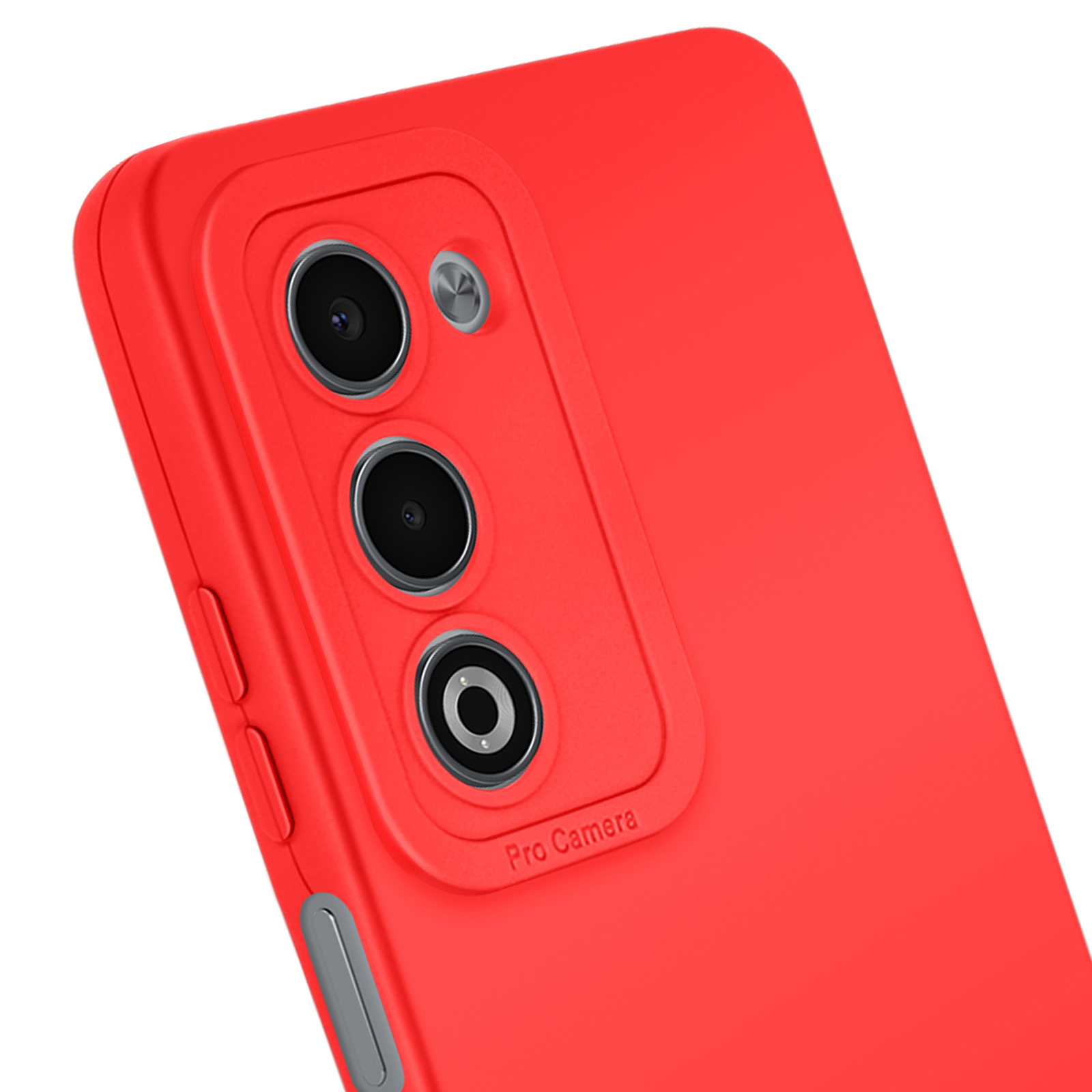 Gros plan sur une coque de téléphone rouge avec des lentilles de caméra et un bouton argenté. La coque porte la mention 'Pro Camera'.
