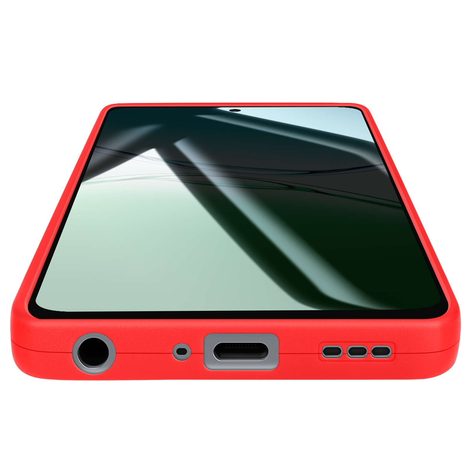 Un étui de téléphone rouge avec un écran noir est affiché. Des ports et des boutons sont visibles sur le bord inférieur.