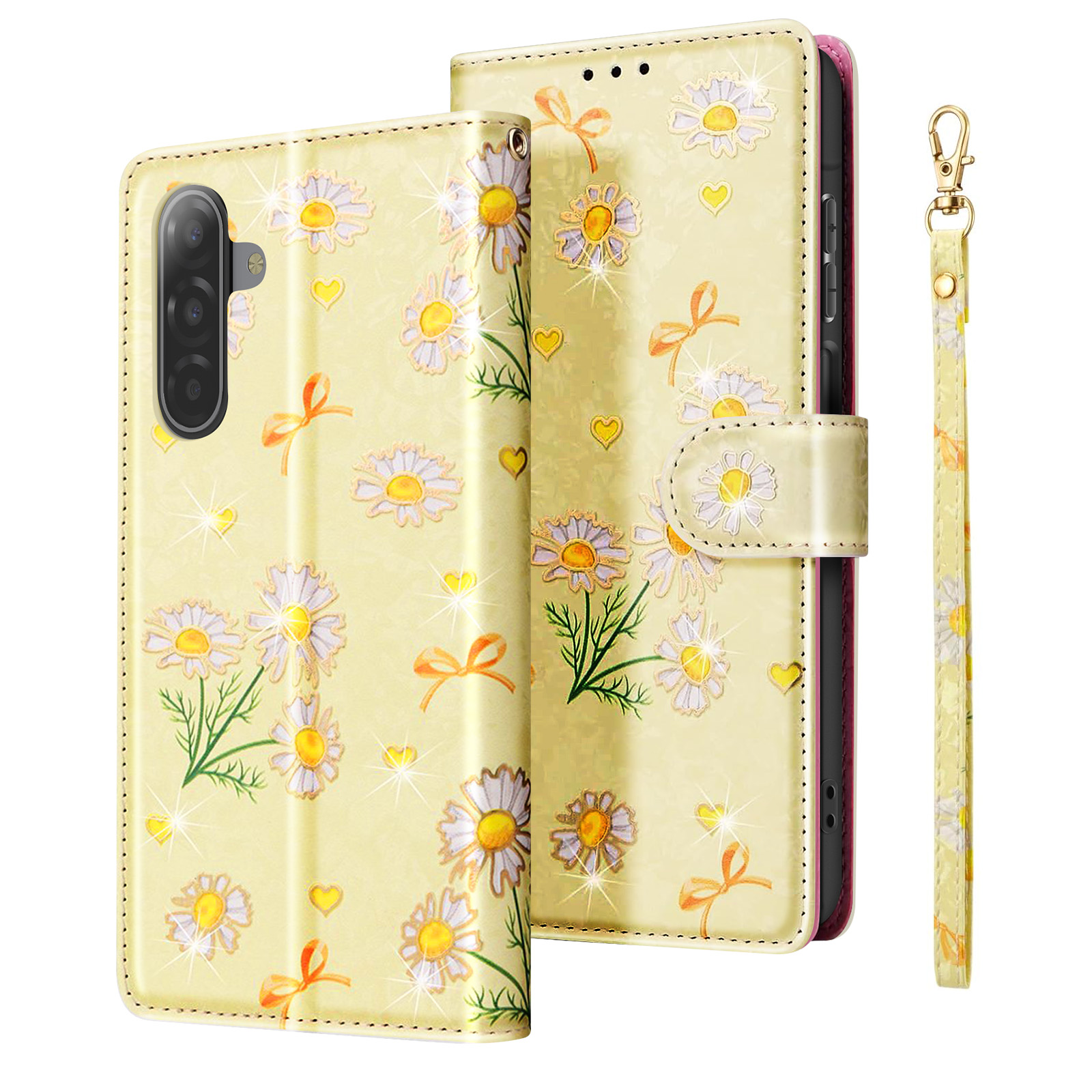 Custodia per telefono gialla con motivi a margherita e cuore. Include un cinturino con motivo a margherita. La custodia è aperta.