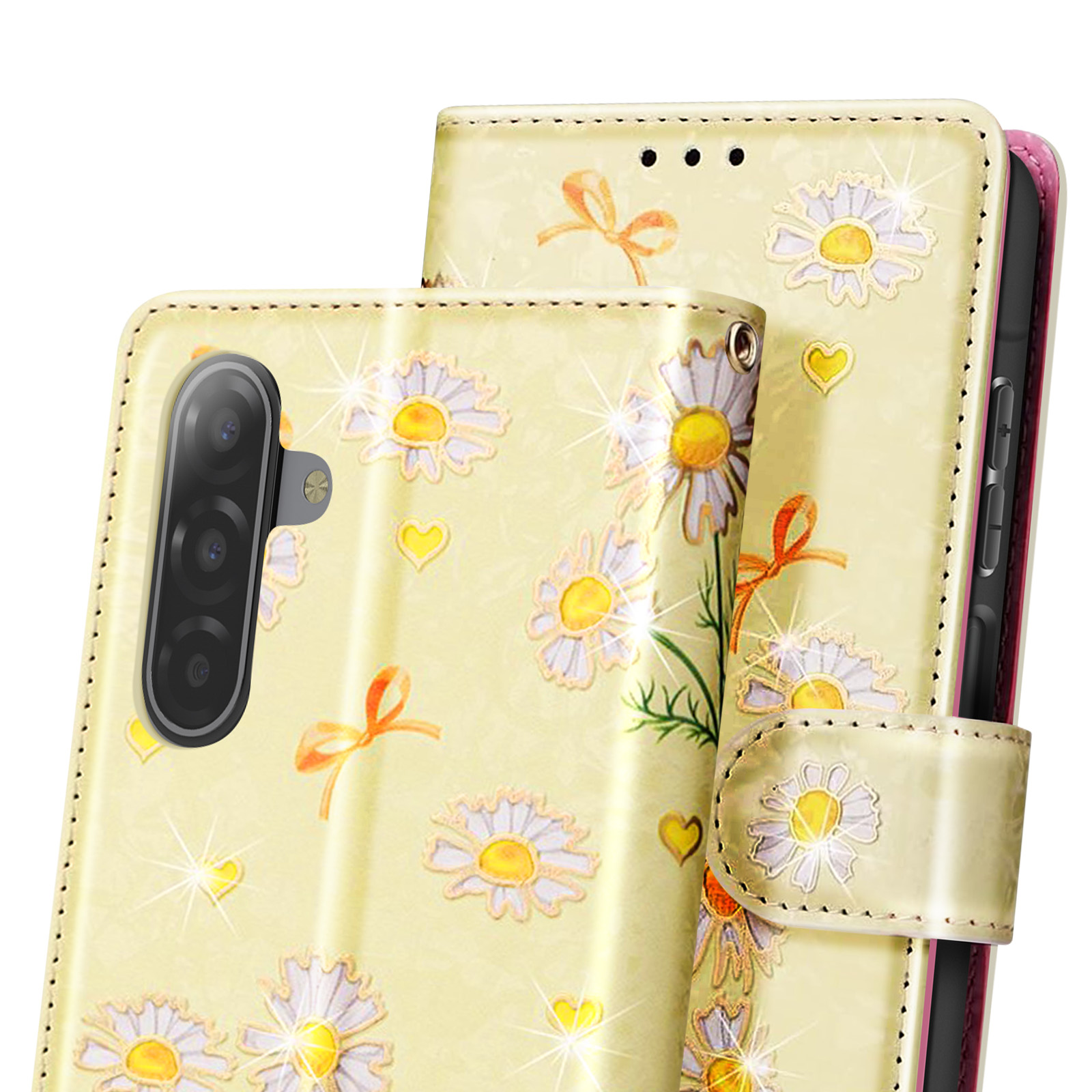 Una custodia per telefono con motivo a margherite. La custodia è gialla, con margherite bianche, cuori gialli e fiocchi arancioni.