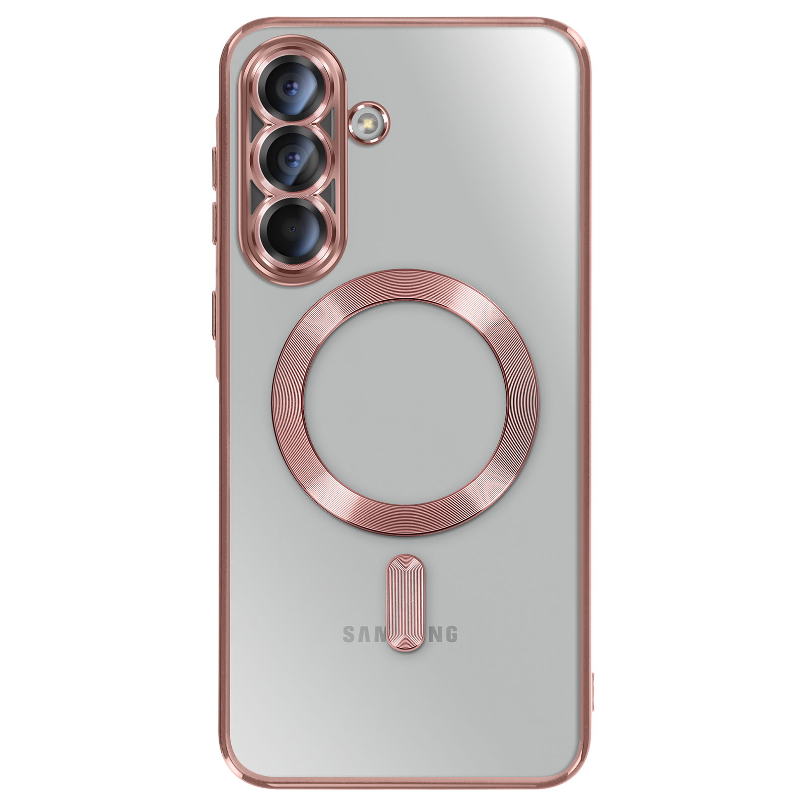 Coque de téléphone transparente avec des accents or rose. Contient des objectifs d'appareil photo, un élément de design circulaire et rectangulaire, et le logo Samsung.