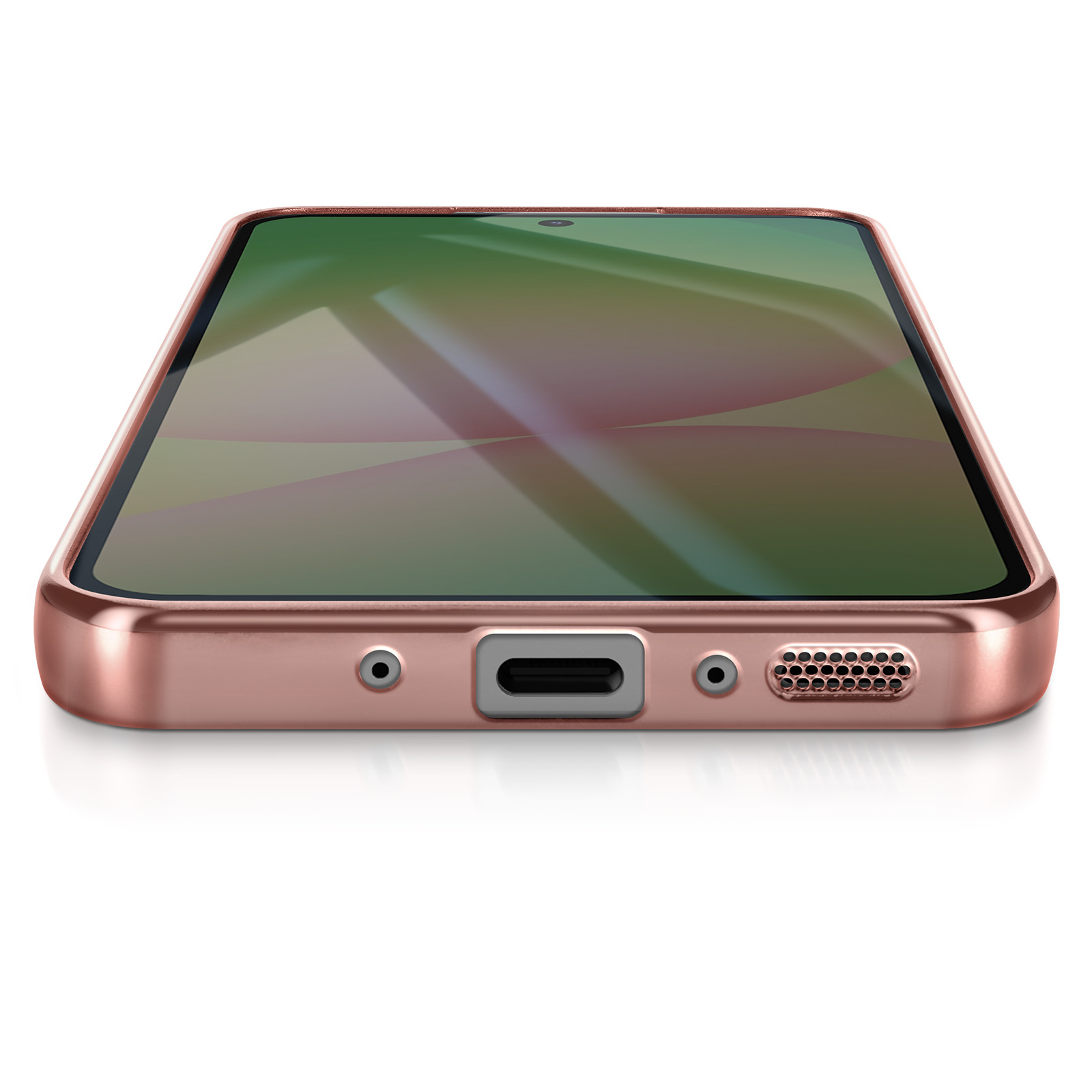 Gros plan d'un smartphone or rose, écran affichant un motif abstrait vert et rose. Le téléphone est à plat.