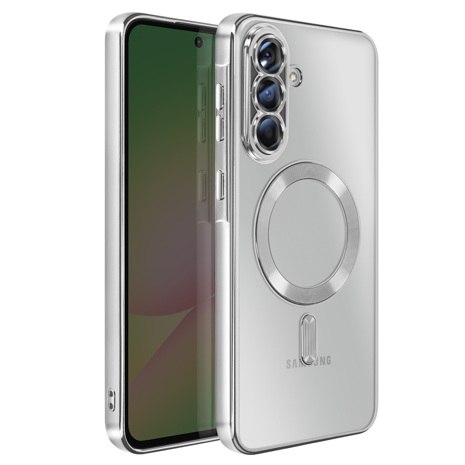 Un étui de téléphone argenté pour un téléphone Samsung, avec dos transparent et cadre argenté.