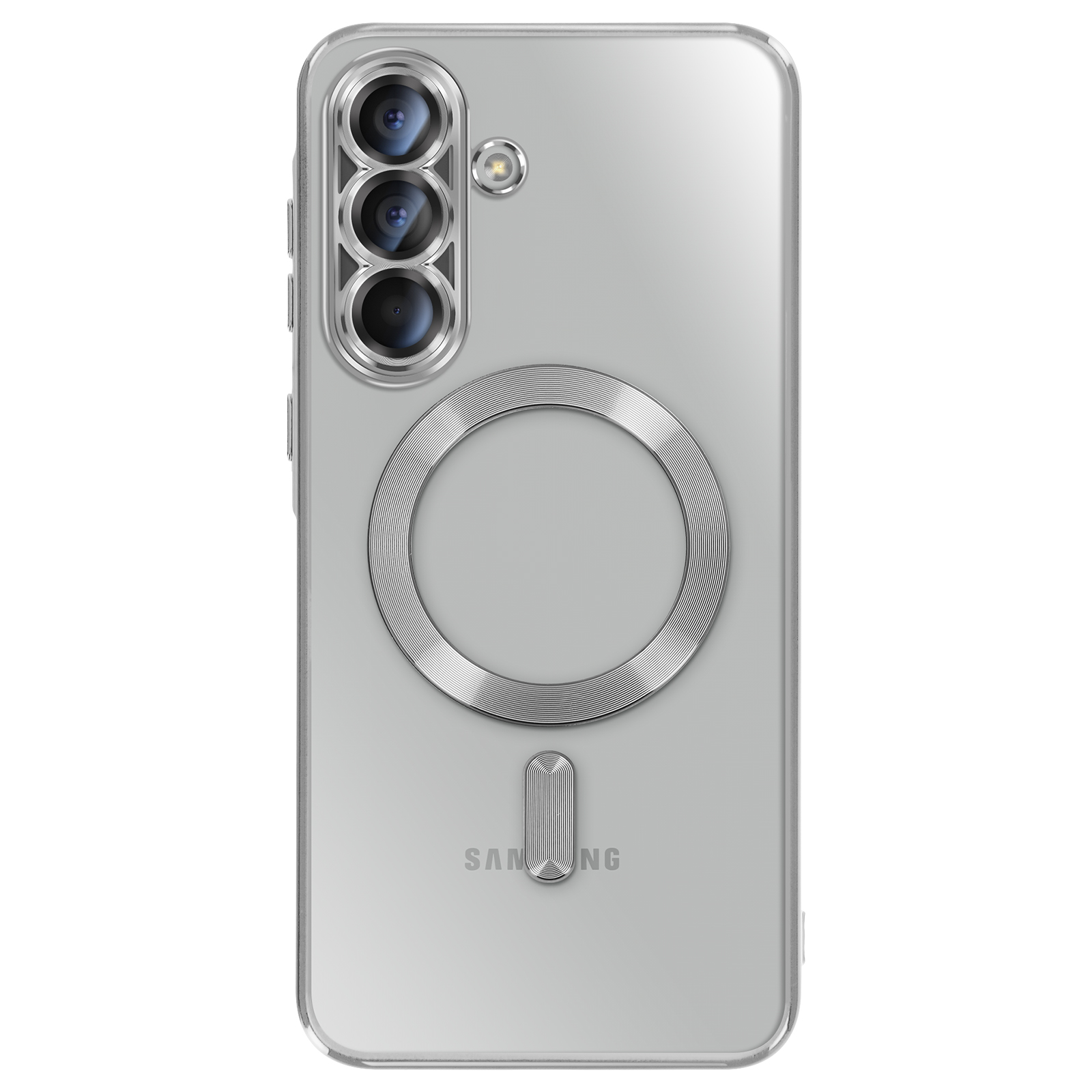 Coque de téléphone transparente sur fond blanc. Elle comporte trois lentilles de caméra, un anneau magnétique et le logo Samsung.