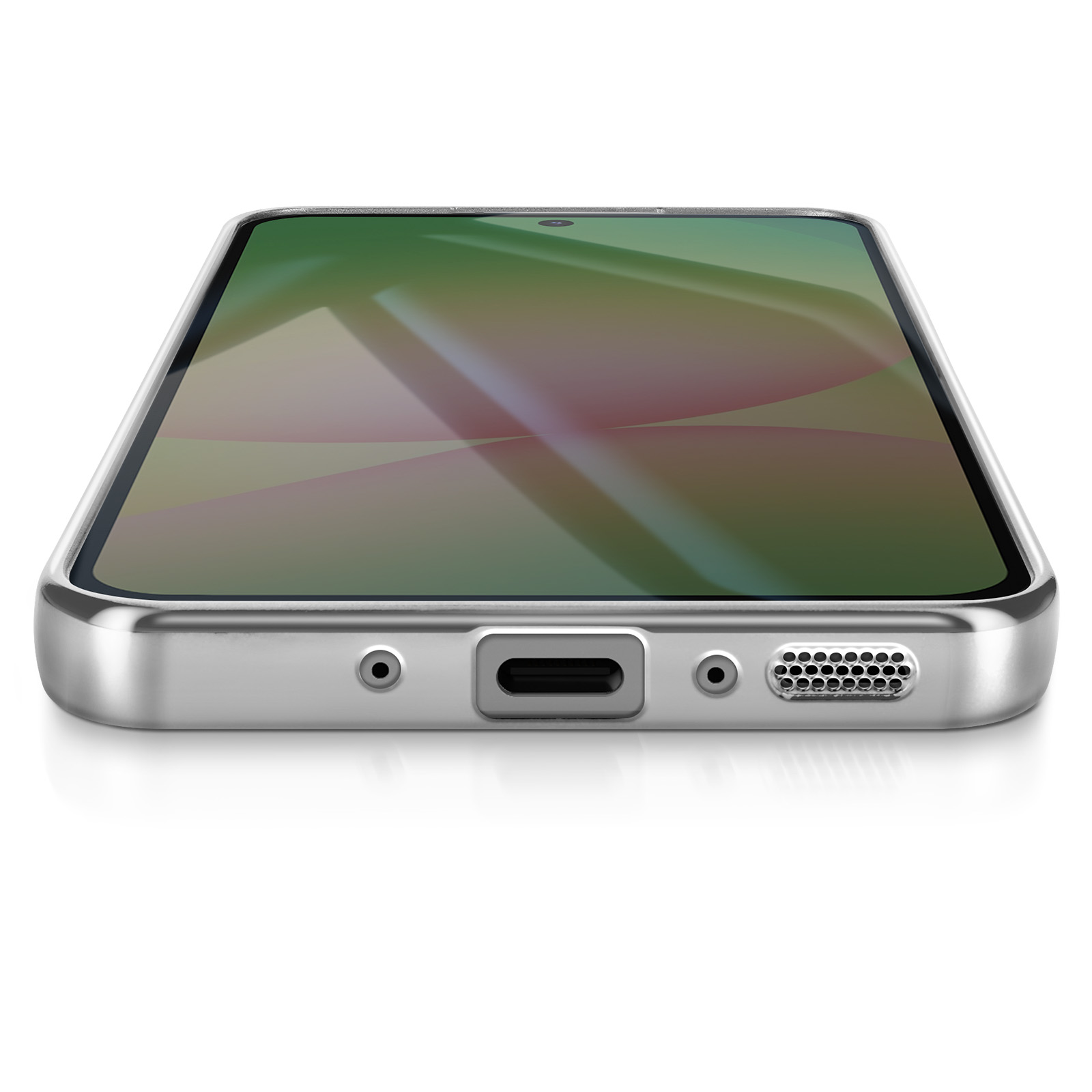 Smartphone argenté, vue en angle. L'écran affiche des dégradés verts et roses. Comprend port de charge et trous de haut-parleur.