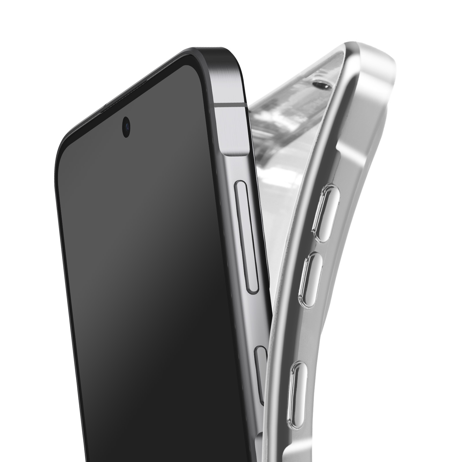 Un smartphone à écran noir est à côté d'une coque de téléphone transparente. Le fond est blanc.