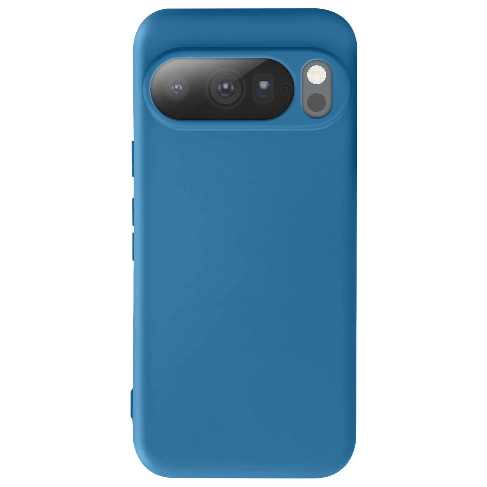 Een blauwe telefoonhoes met een cameramodule. De hoes heeft afgeronde hoeken en knoppen aan de zijkant.