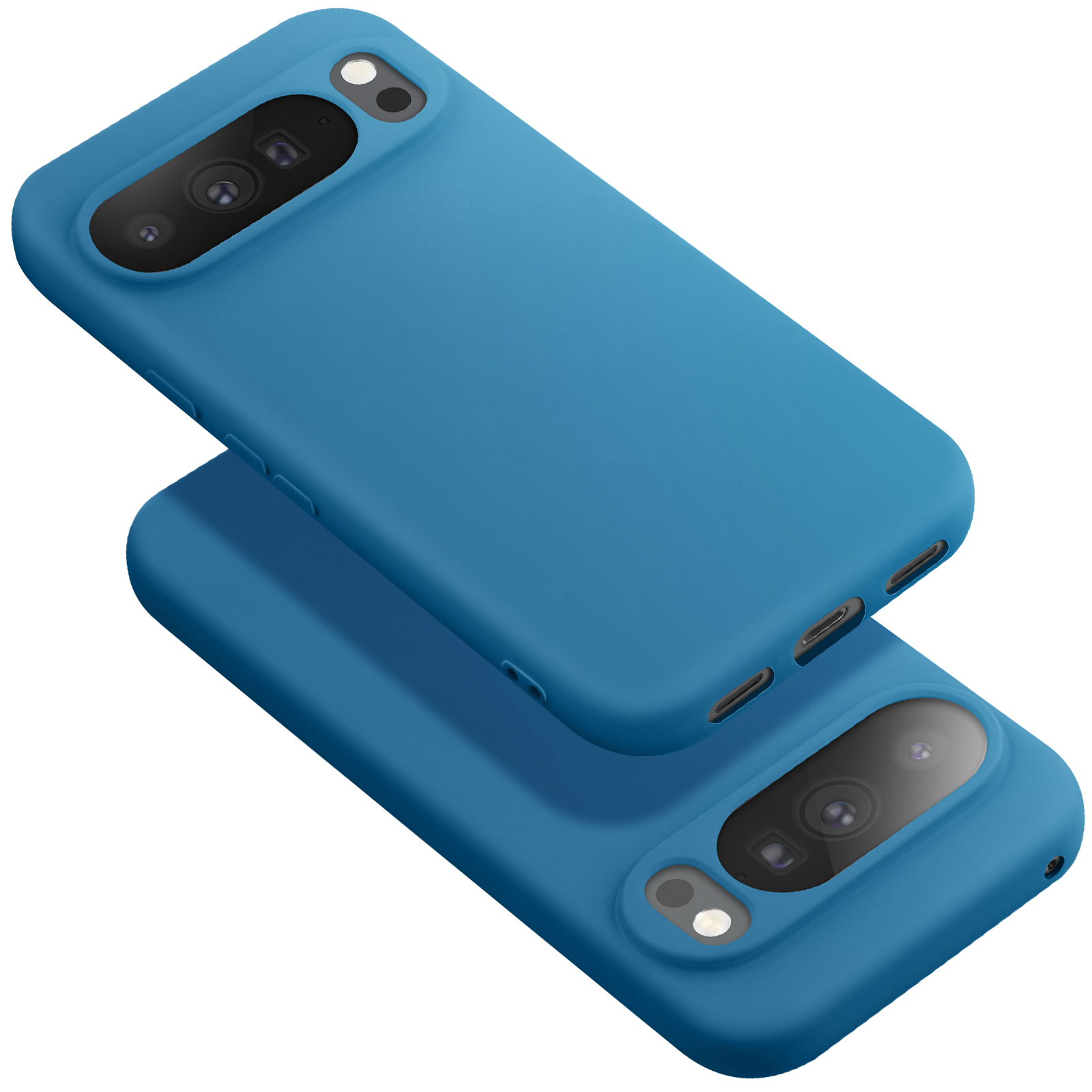Twee blauwe telefoonhoesjes, de ene bovenop de andere. Elk heeft camera-uitsparingen en knoopsgaten.