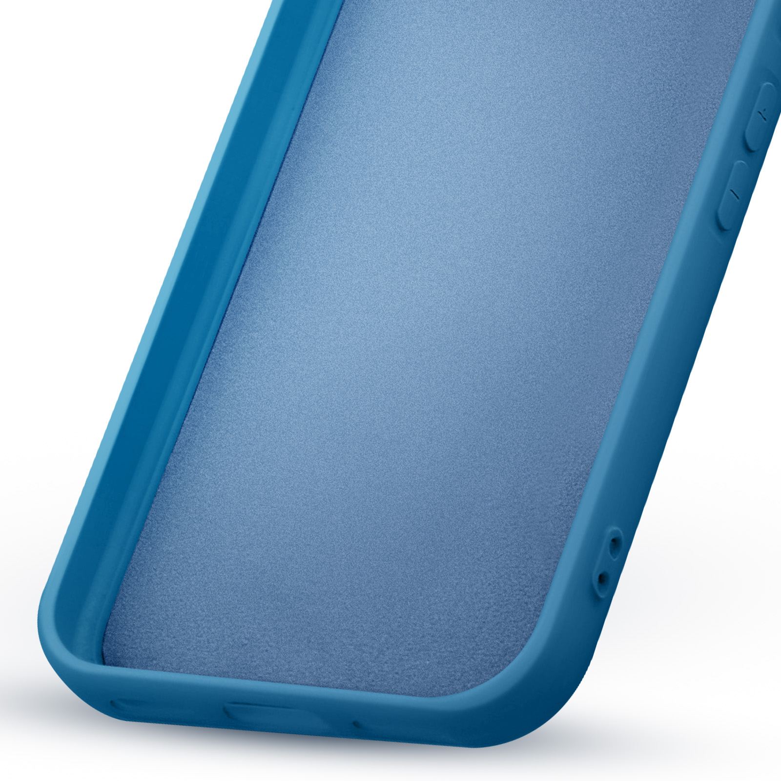 Een blauwe telefoonhoes, schuin, met de binnenkant en de zijkant met knoppen. Witte achtergrond.