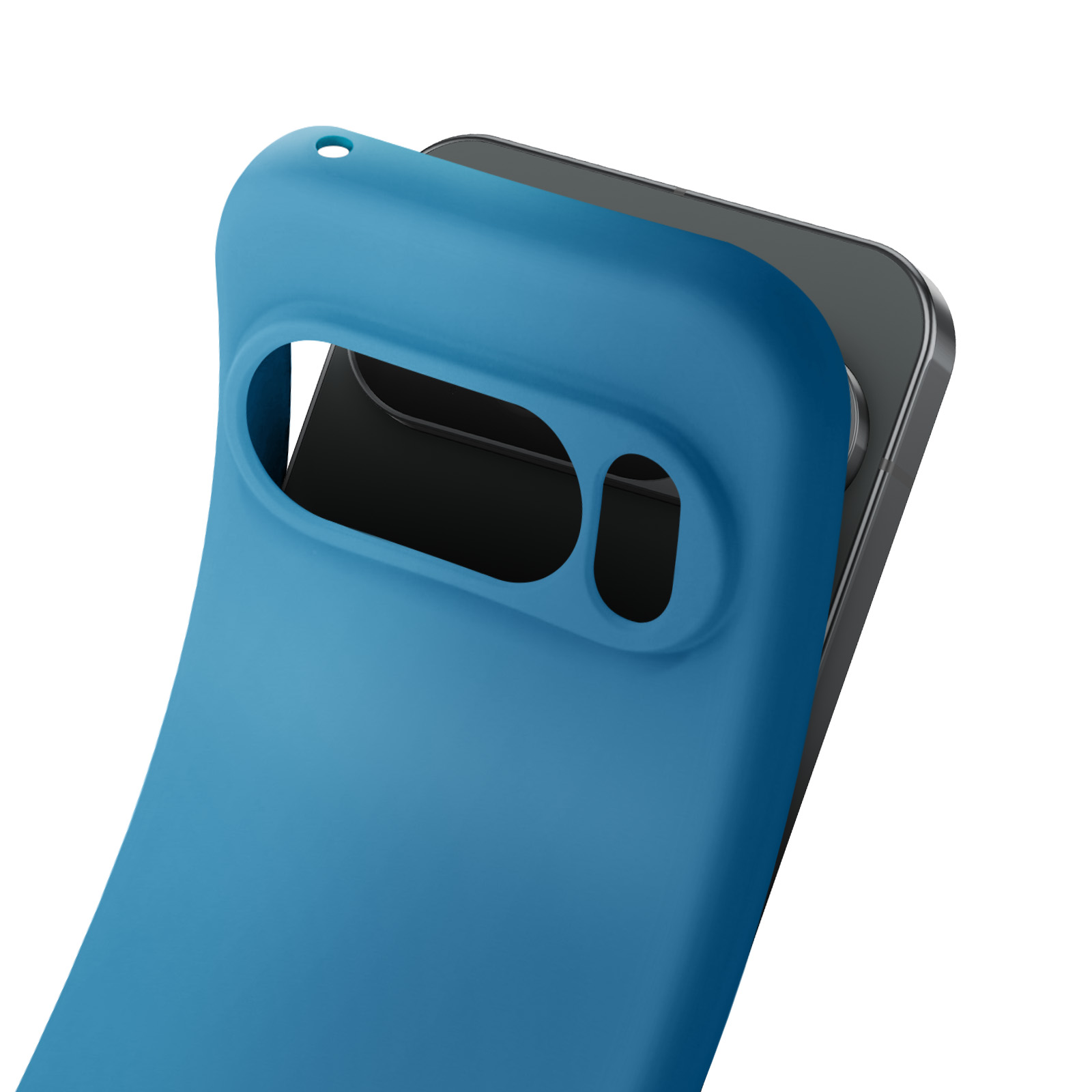 Een blauwe telefoonhoes bedekt gedeeltelijk een zwarte smartphone. De hoes heeft openingen voor de camera en flitser.
