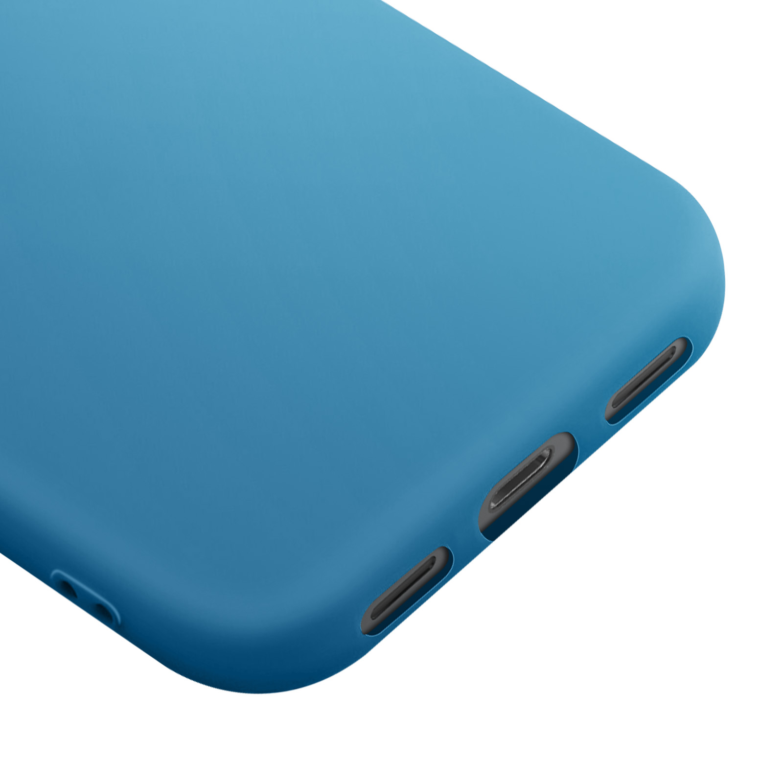 Blauwe telefoonhoes met afgeronde hoeken, met zijknoppen en een uitsparing. Witte achtergrond.
