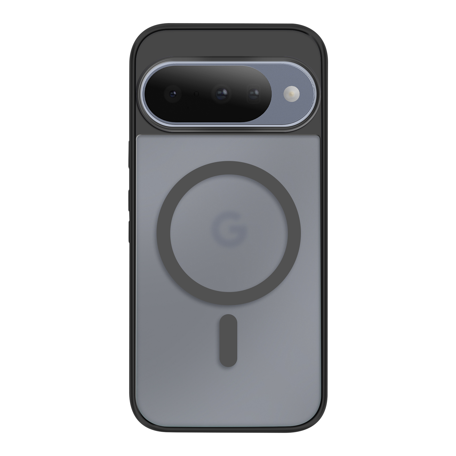 Una custodia per telefono con area fotocamera, un cerchio grande e un rettangolo più piccolo. Grigio e nero dominano.