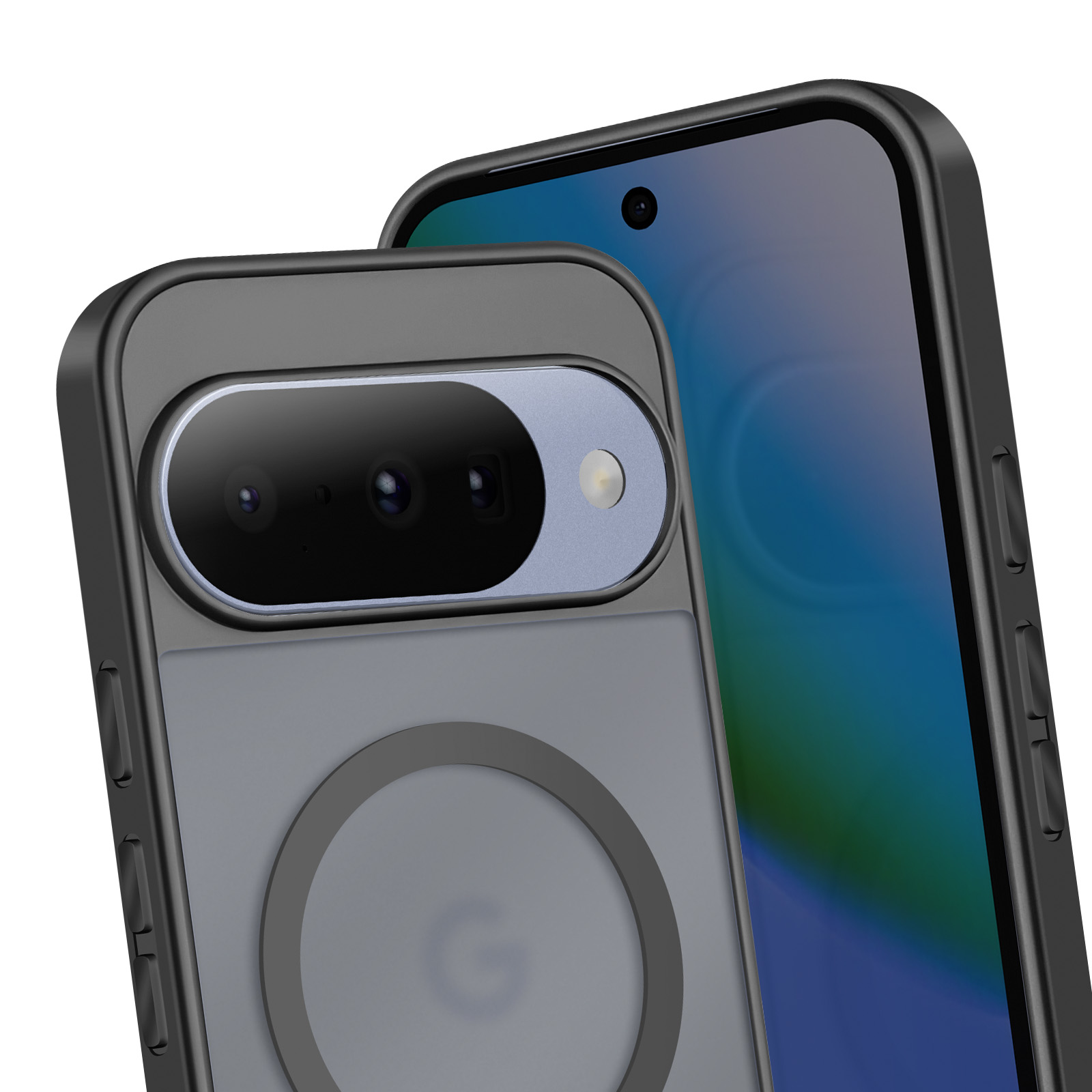 Primo piano di uno smartphone in una custodia grigia, che mostra la lente della fotocamera e lo schermo con sfumatura blu.