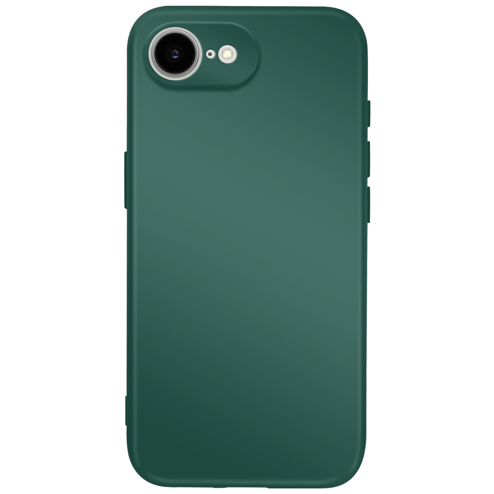 Une coque de téléphone vert foncé. La zone de la caméra est plus foncée. Le côté droit a des boutons de volume.
