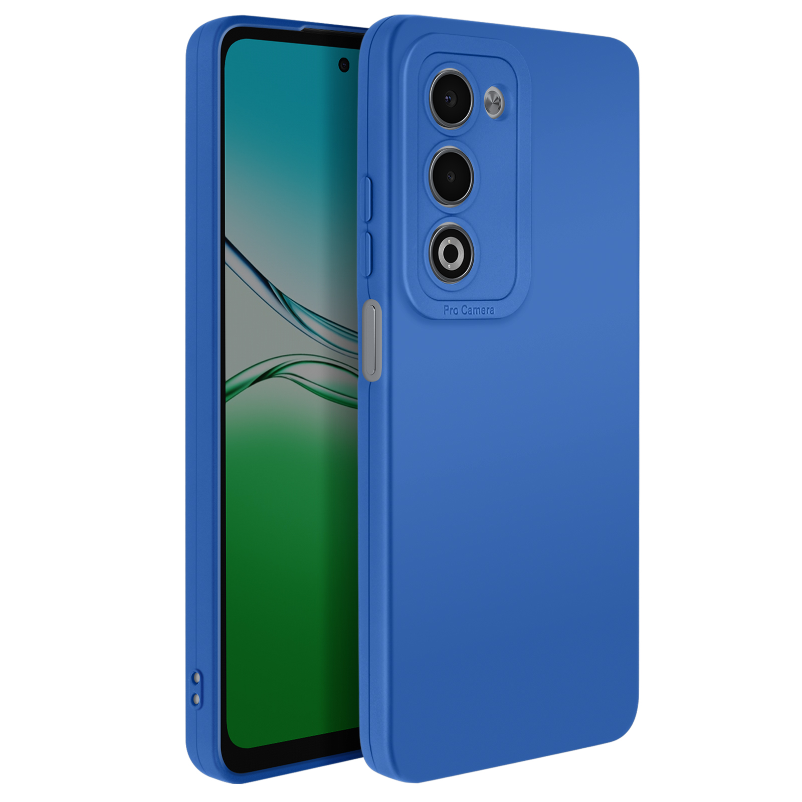 Een blauwe telefoonhoes met een telefoon erin. De hoes heeft meerdere camera's en een knop.