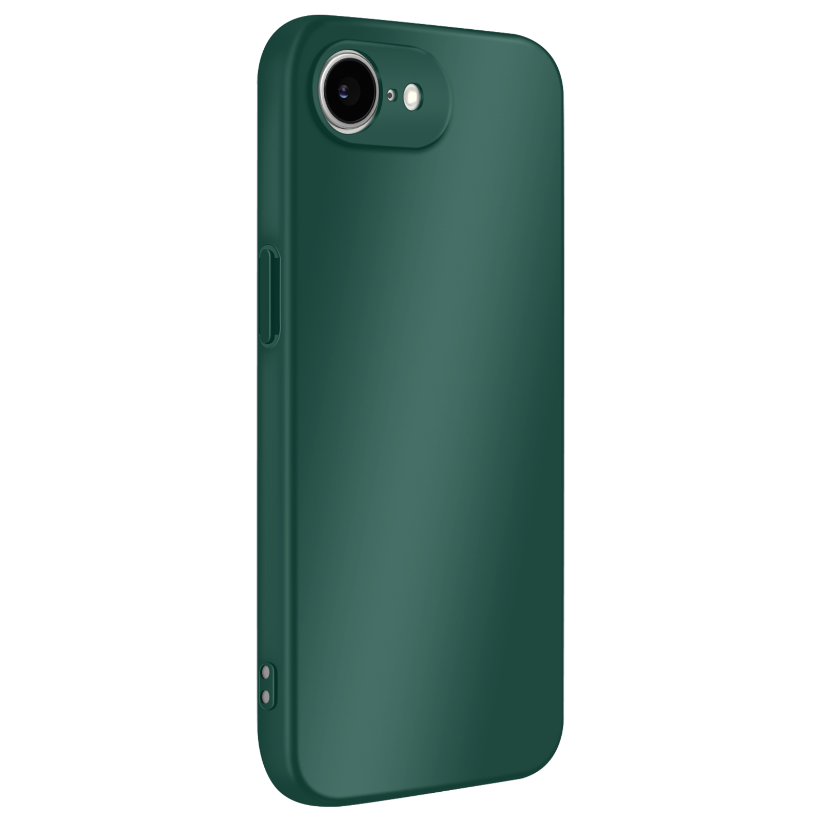 Une coque de téléphone vert foncé. Elle possède une découpe pour l'appareil photo, des boutons de volume et un bouton d'alimentation. La coque est lisse et mate.