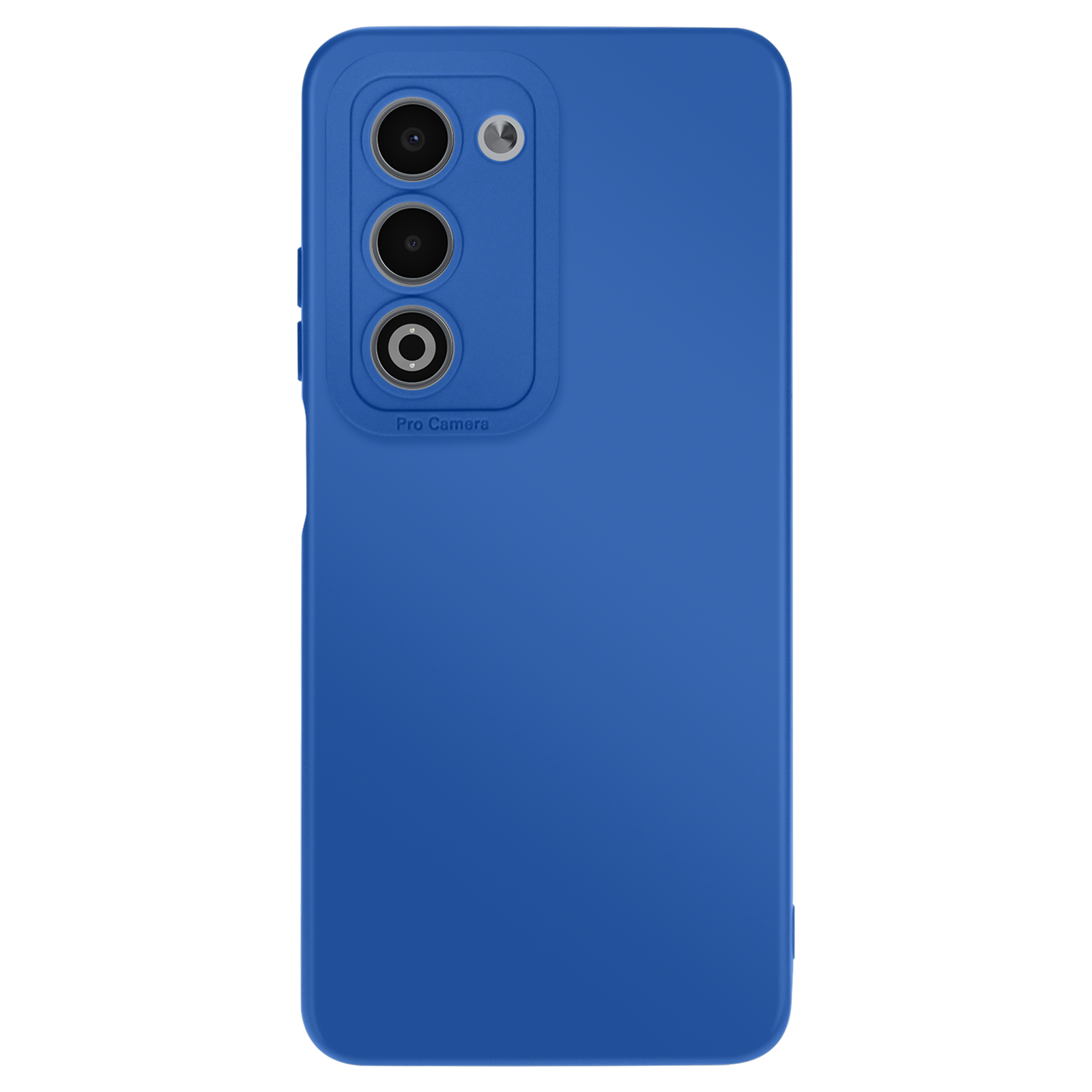 Een blauwe telefoonhoes met drie cameralenzen en een flitser. 'Pro Camera' staat eronder.