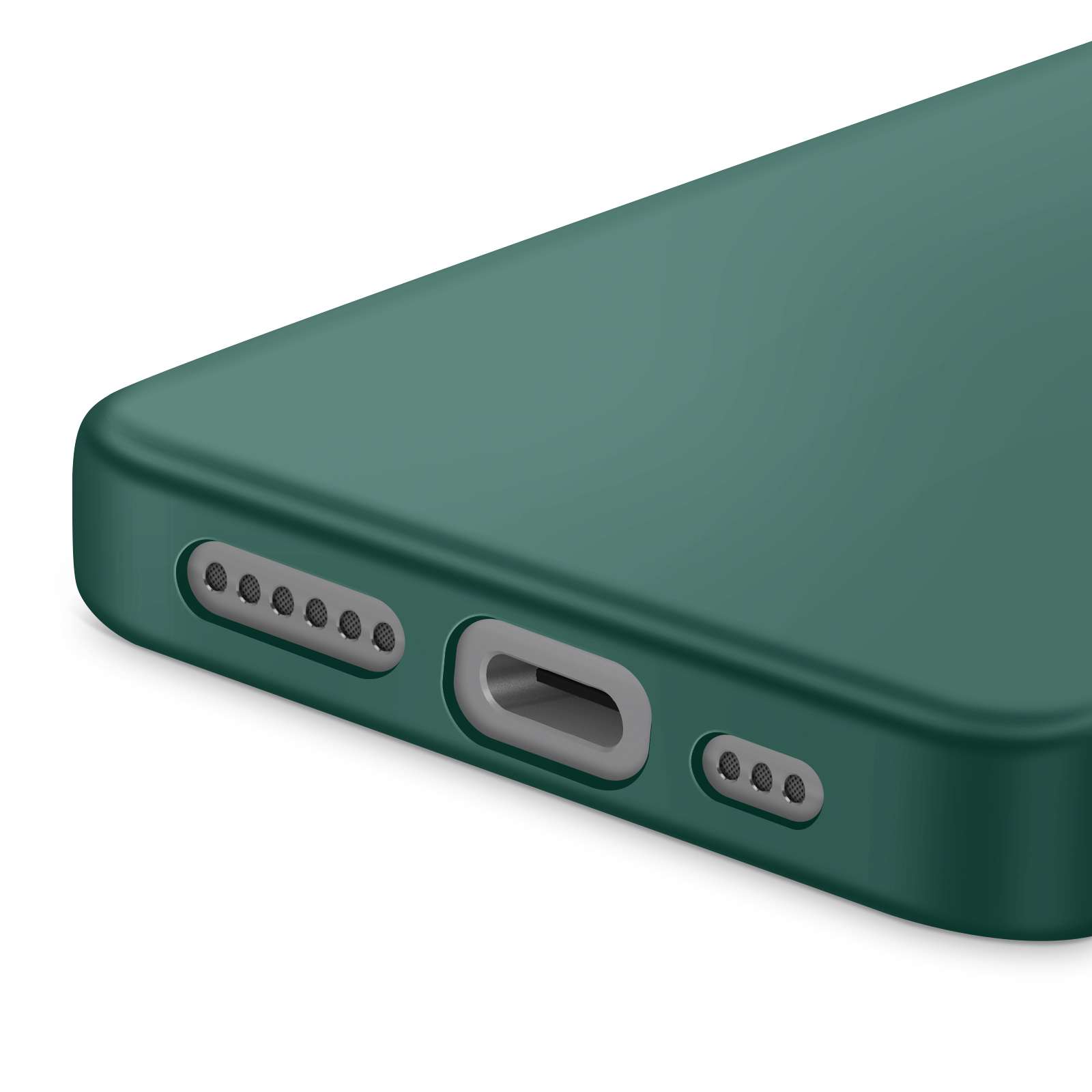 Gros plan sur un coin d'étui de téléphone vert. Montre le port de chargement et les trous du haut-parleur sur fond blanc.