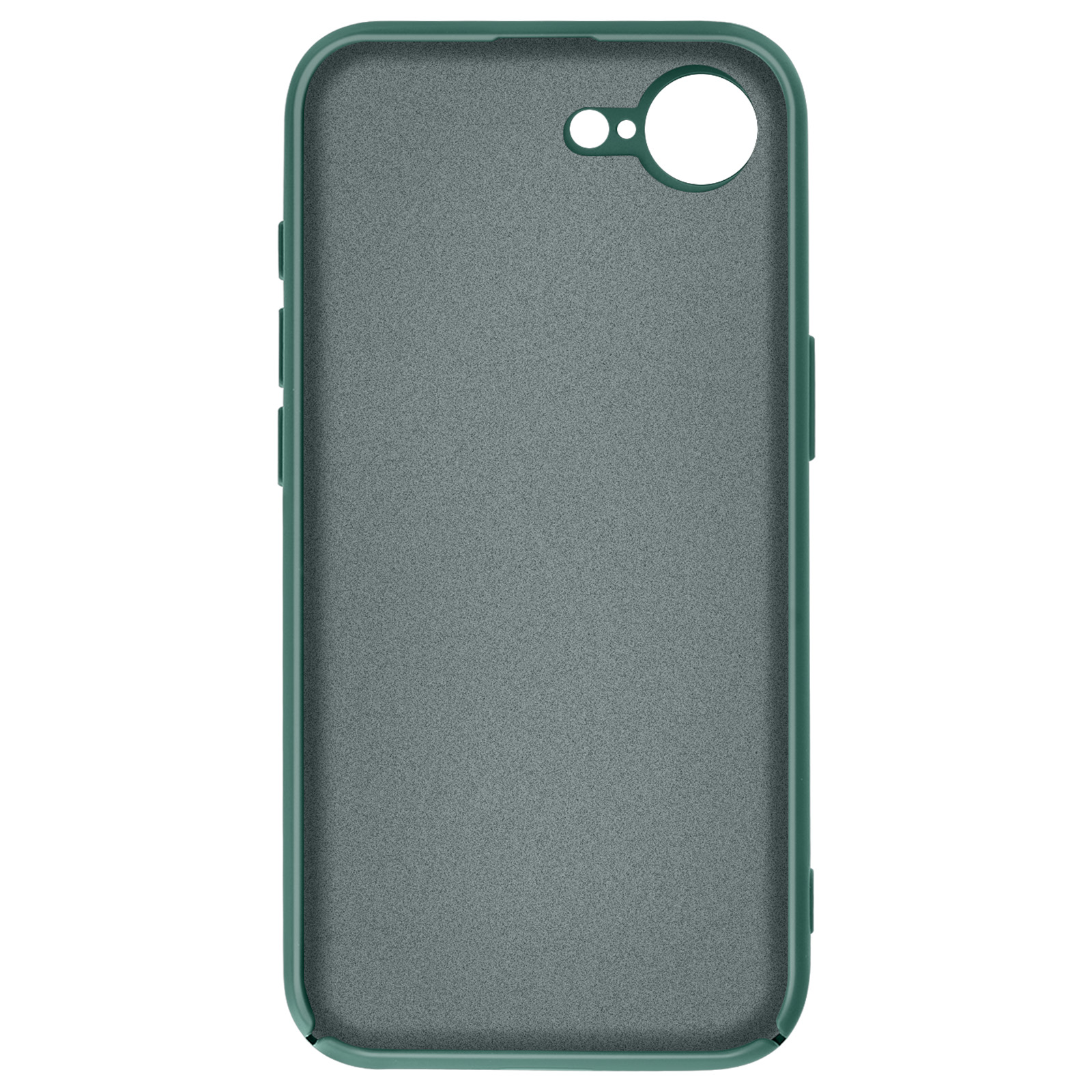 Une coque de téléphone verte. Elle a une découpe pour l'appareil photo et des boutons sur le côté. L'intérieur est gris texturé.