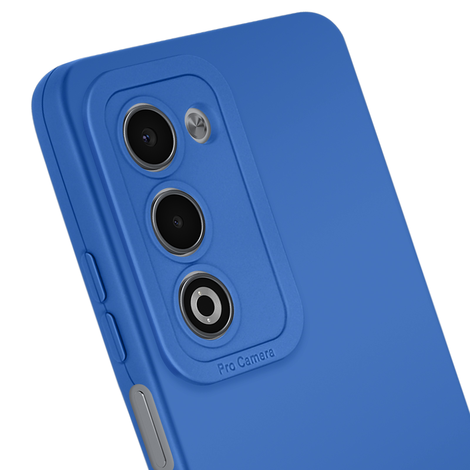 Blauwe telefoonhoes met cameralenzen. De hoes heeft een gladde textuur, de module heeft drie lenzen.