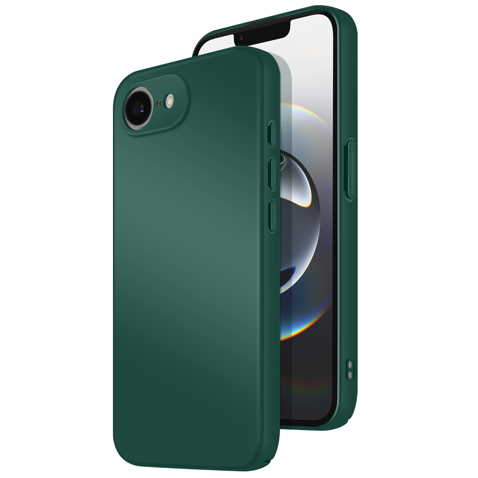 Un étui de téléphone vert avec un téléphone à l'intérieur. Le téléphone est affiché dans l'étui. Le fond est blanc uni.