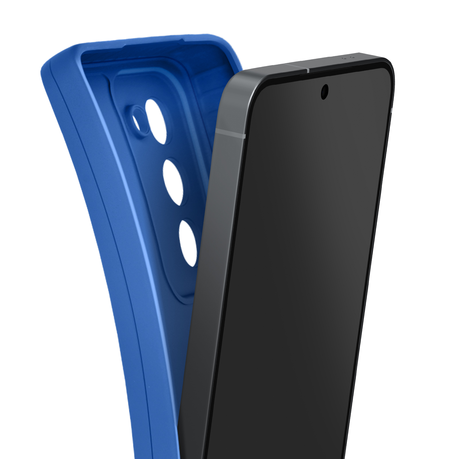 Een smartphone in een beschermhoesje. De hoes is blauw, met cirkelvormige uitsparingen. De telefoon is zwart.