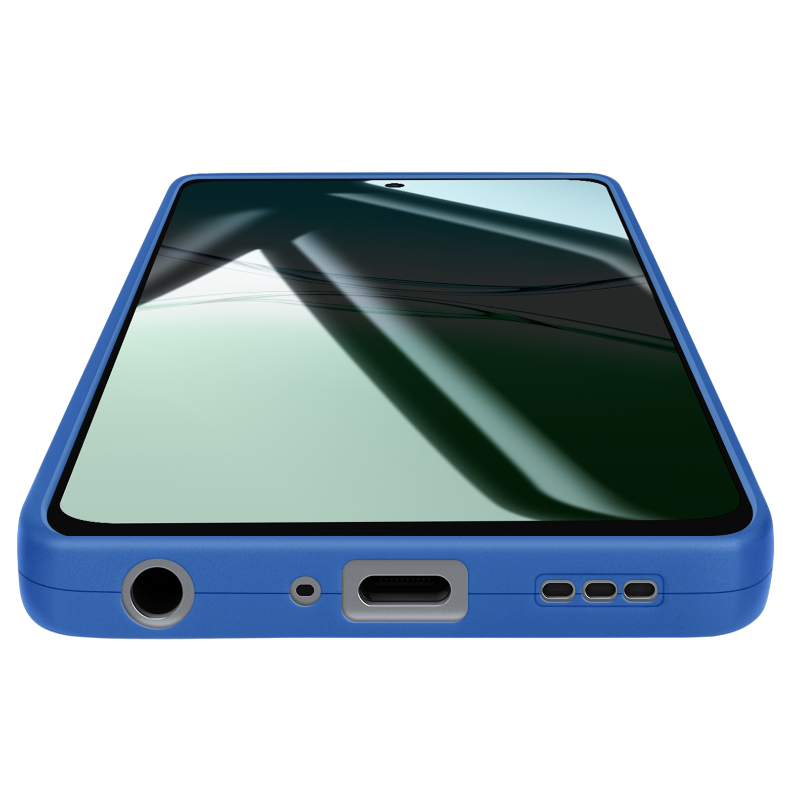 Een blauwe telefoonhoes. Het scherm is zichtbaar met een lichtgroene tint. De hoes heeft uitsparingen voor poorten.