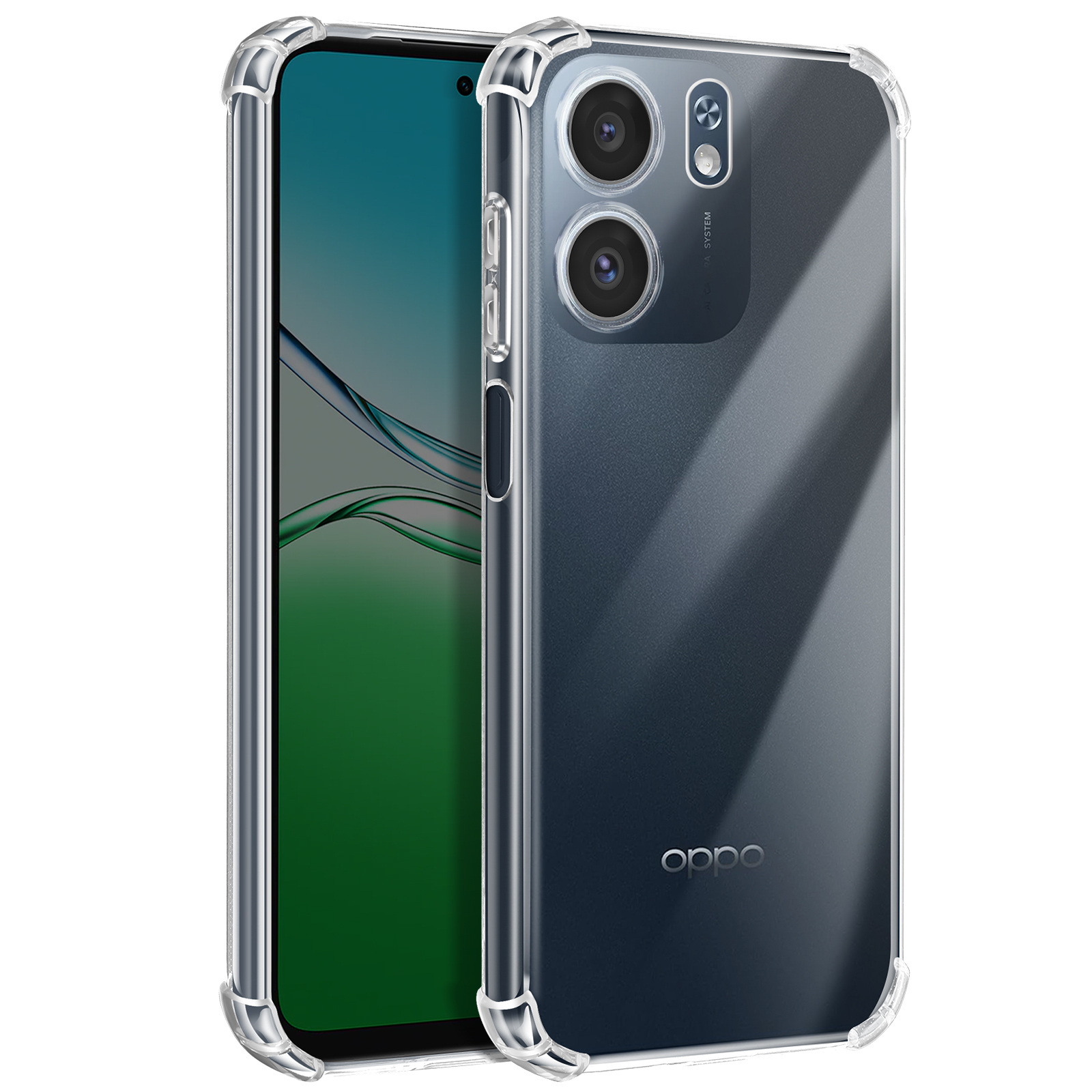 Una custodia trasparente per telefono su uno smartphone. Il telefono ha uno schermo che mostra una sfumatura verde. Il retro del telefono è scuro.