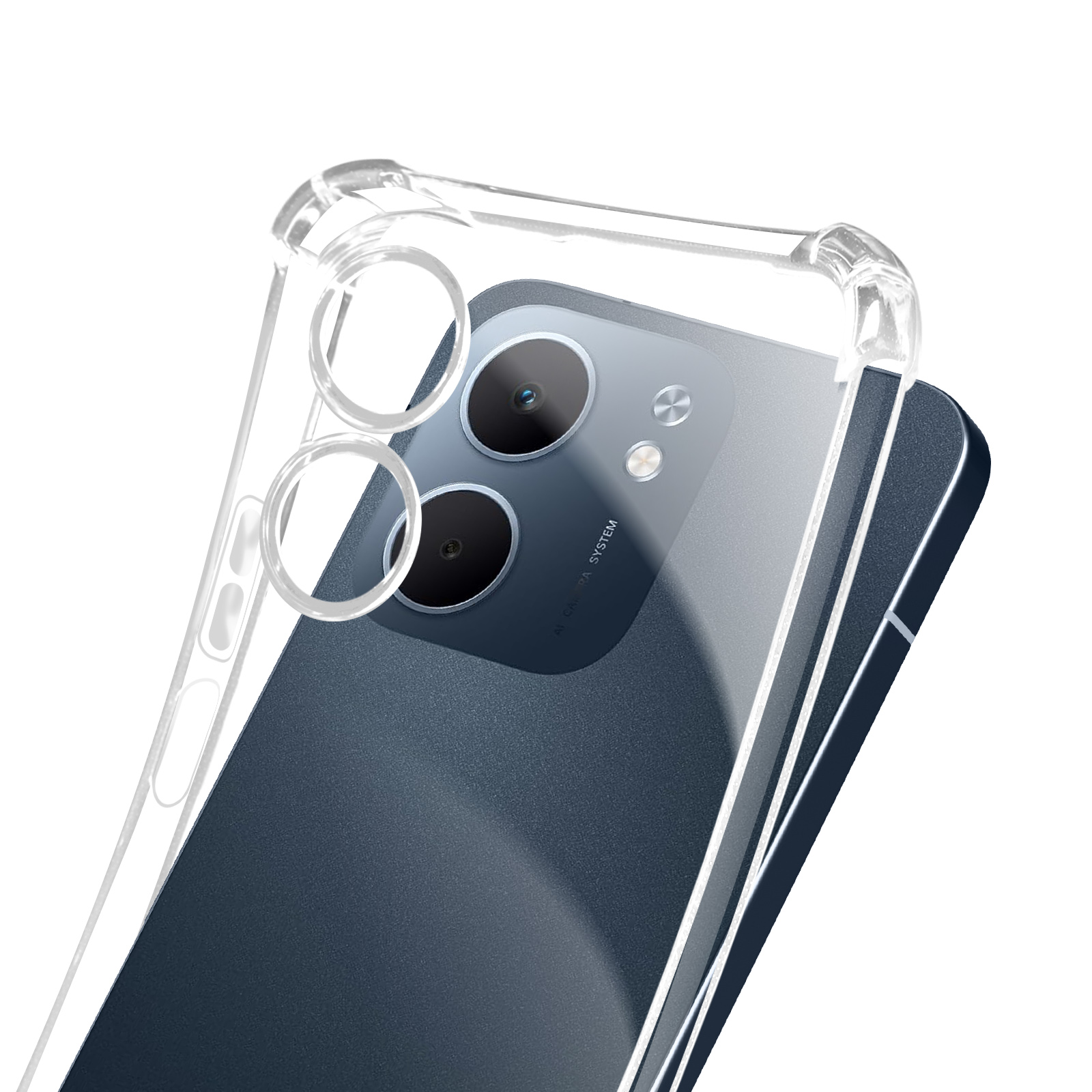 Un telefono con una custodia trasparente. Il telefono è blu scuro, la custodia è trasparente. Il telefono ha due fotocamere.