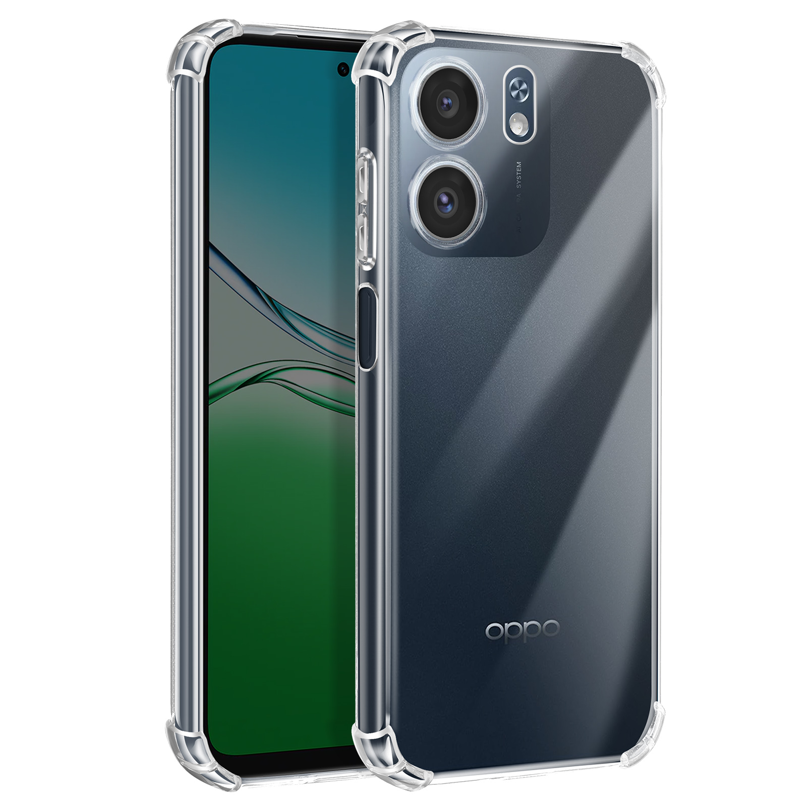 Una custodia trasparente per telefono è posizionata su uno smartphone. Il telefono ha uno schermo verde. La custodia ha angoli rinforzati.
