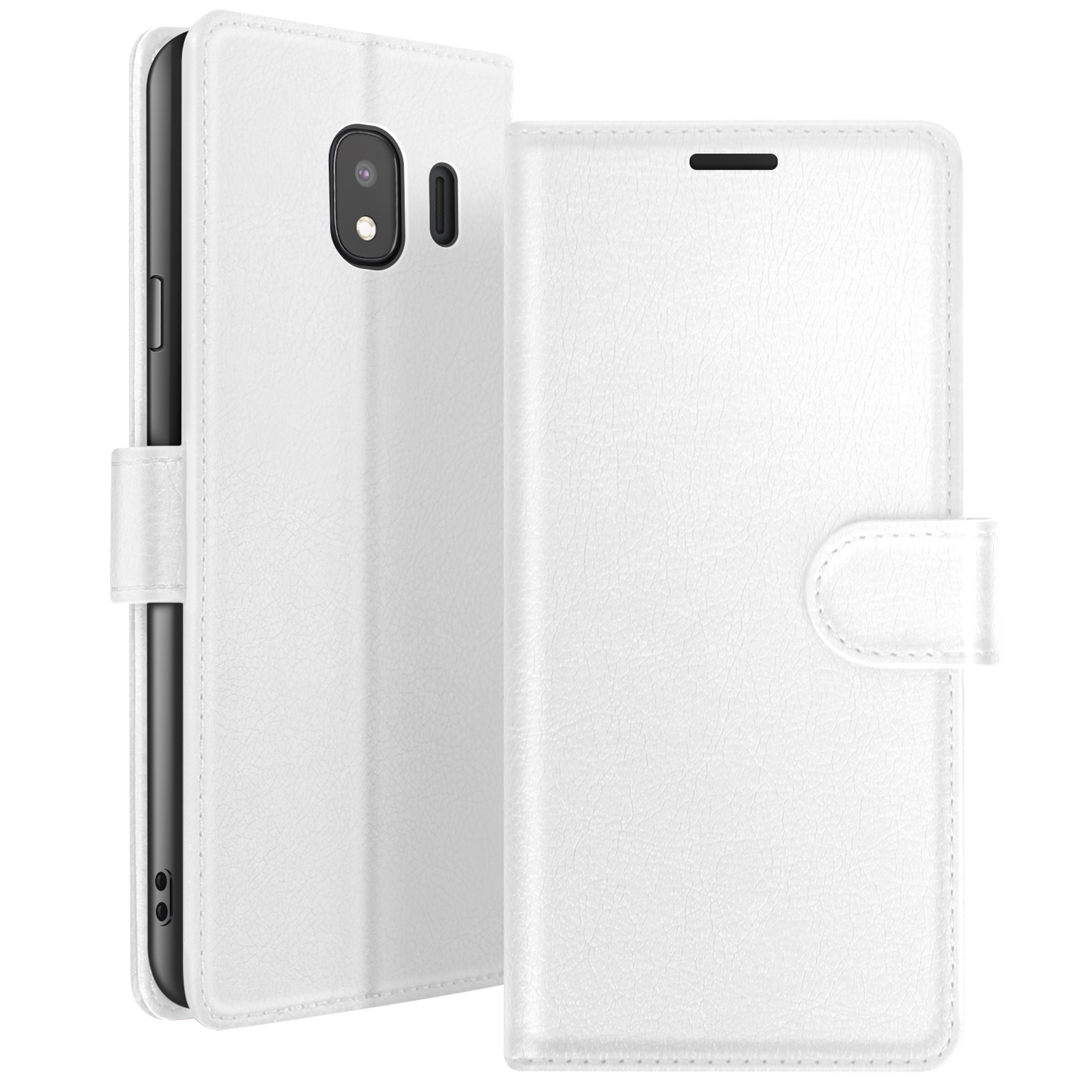 Witte telefoonhoes in twee delen, waarvan één open. Zichtbare telefooncamera en volumeknoppen. Leerachtige textuur.