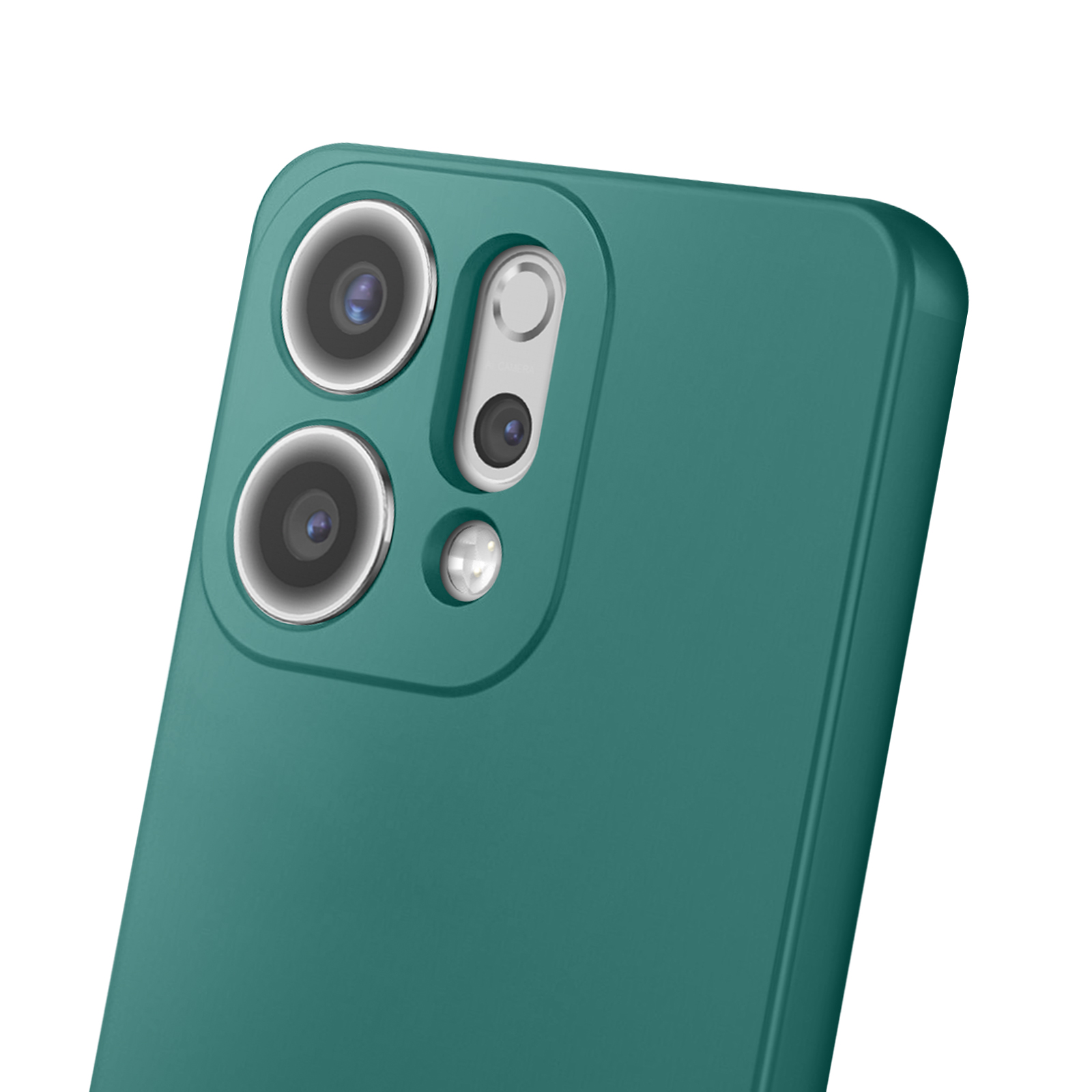 Gros plan d'une coque de téléphone bleu-vert avec trois objectifs et un flash. Fond blanc.