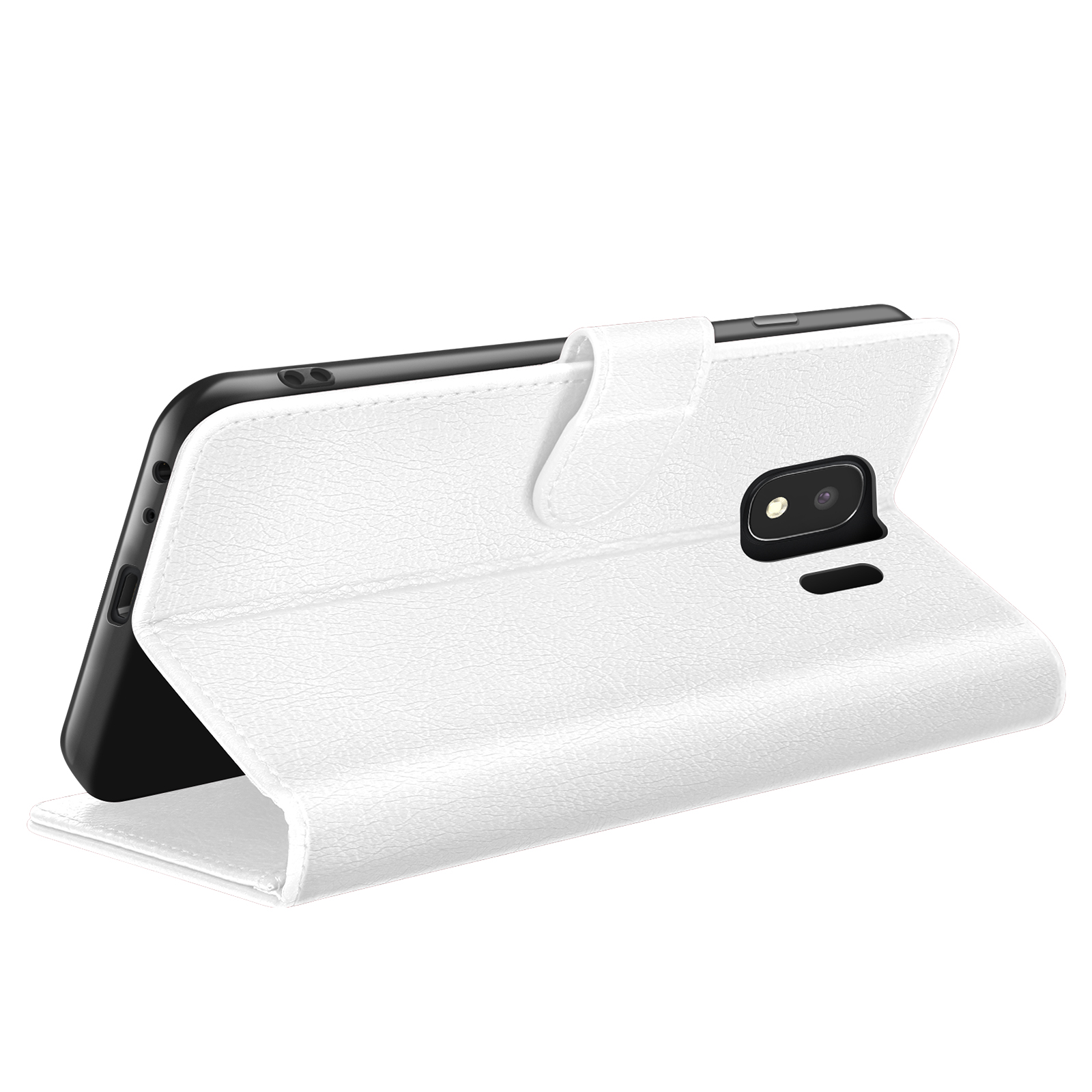 Een witte leren telefoonhoes in folio-stijl, open om een zwarte telefoon te laten zien. De hoes heeft een magnetische sluiting.