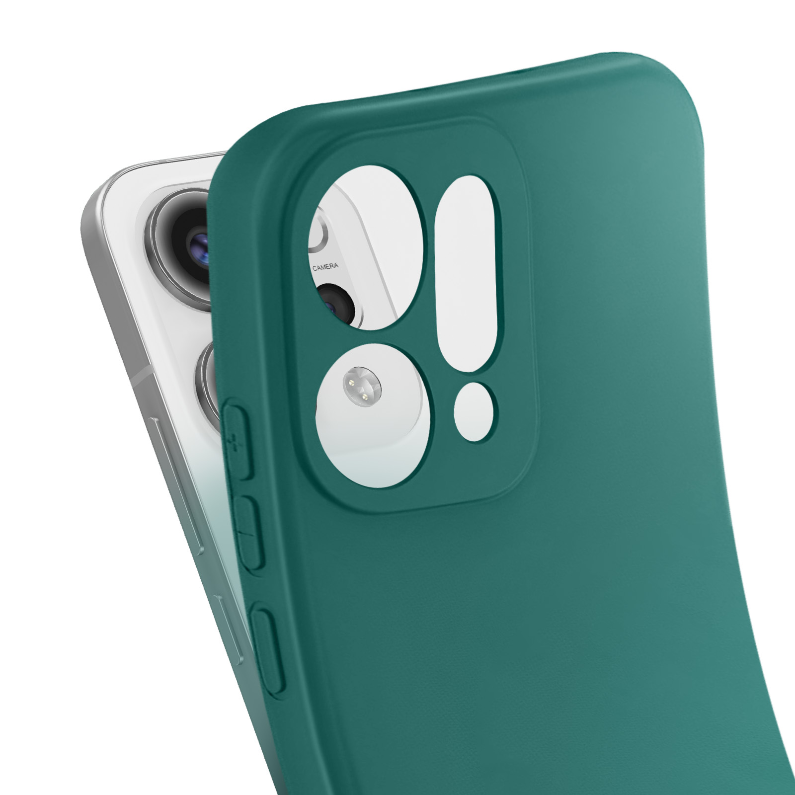 Gros plan sur une coque de téléphone vert d'eau recouvrant partiellement un téléphone. L'appareil photo et les boutons sont visibles.