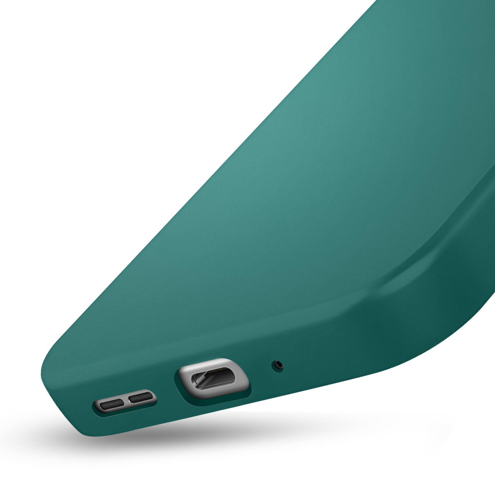 Une coque de téléphone sarcelle repose sur un fond blanc. La coque a un port de chargement, des haut-parleurs et un trou pour la caméra.