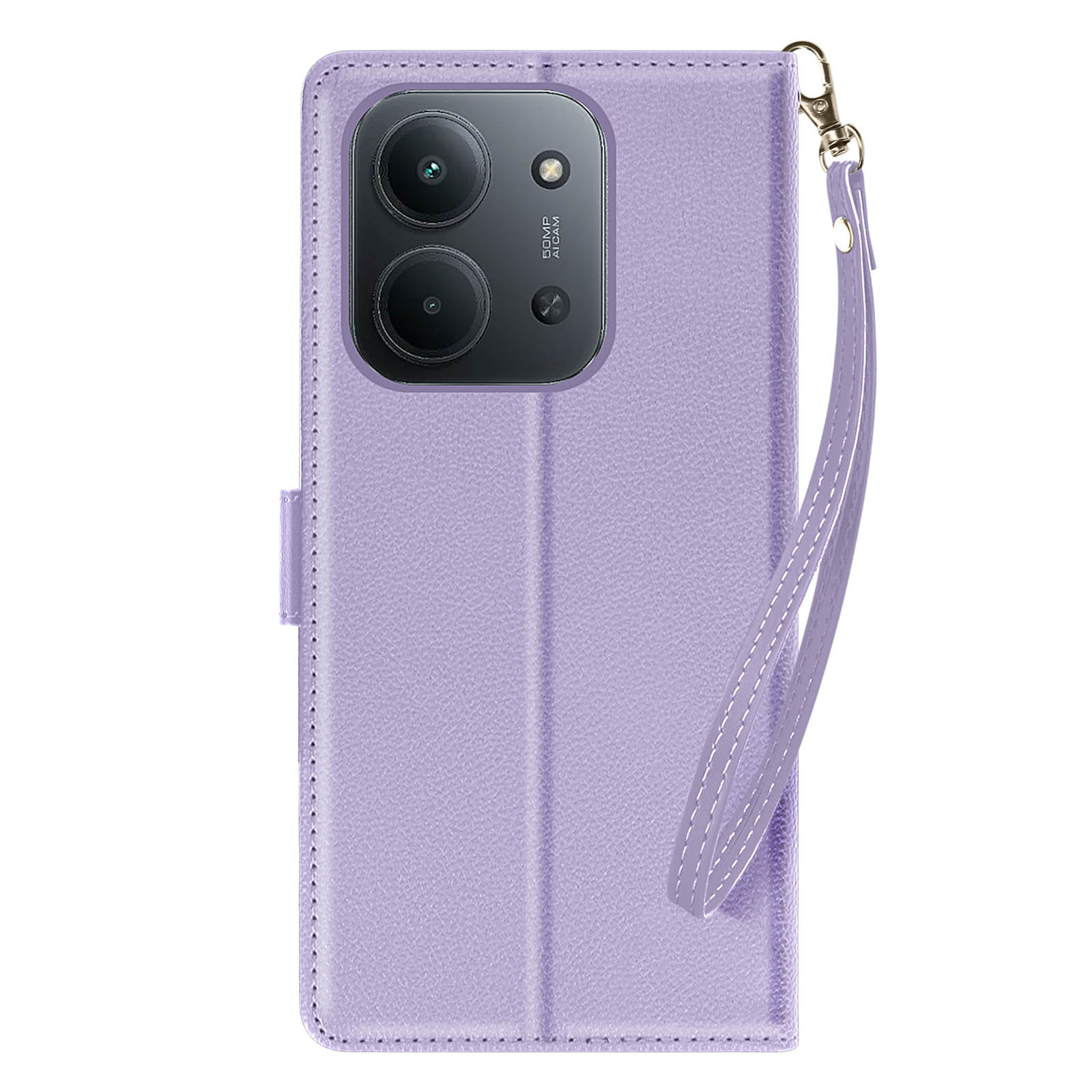 Una custodia per telefono viola con fotocamera e cinturino. La custodia è chiusa e ha un bordo cucito.
