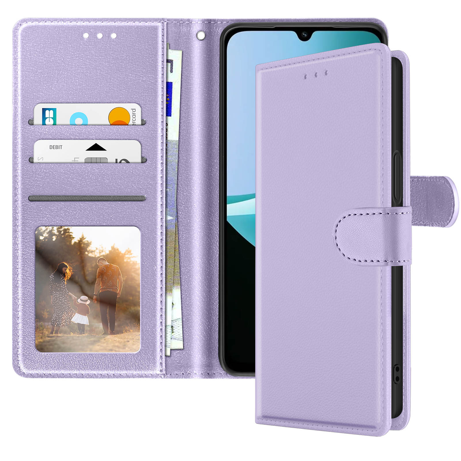 Una custodia per telefono color lavanda con un telefono all'interno. Ha slot per schede, una foto di famiglia e una chiusura.