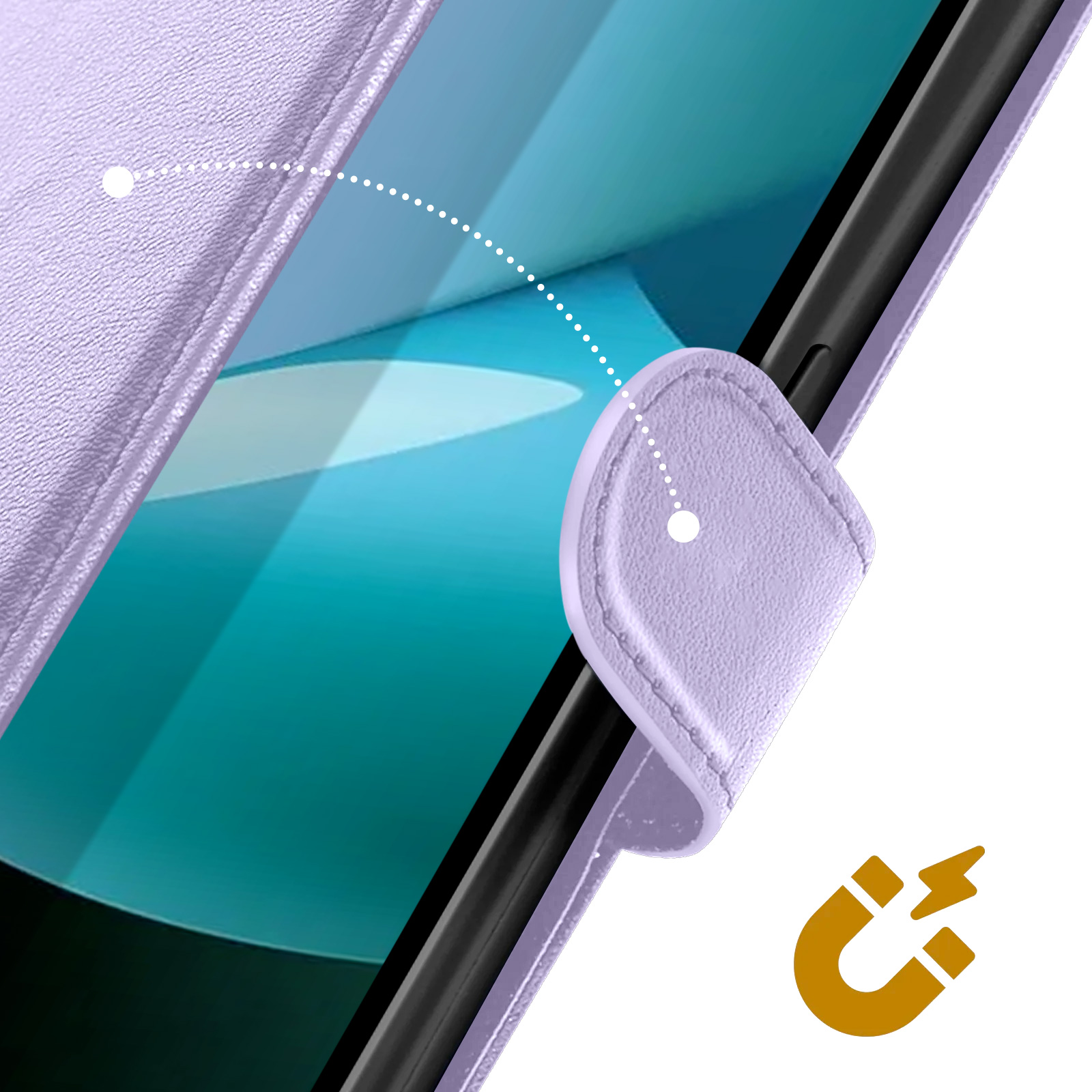 Primo piano di una custodia per telefono viola con chiusura magnetica. Icona magnete dorata in basso a destra.