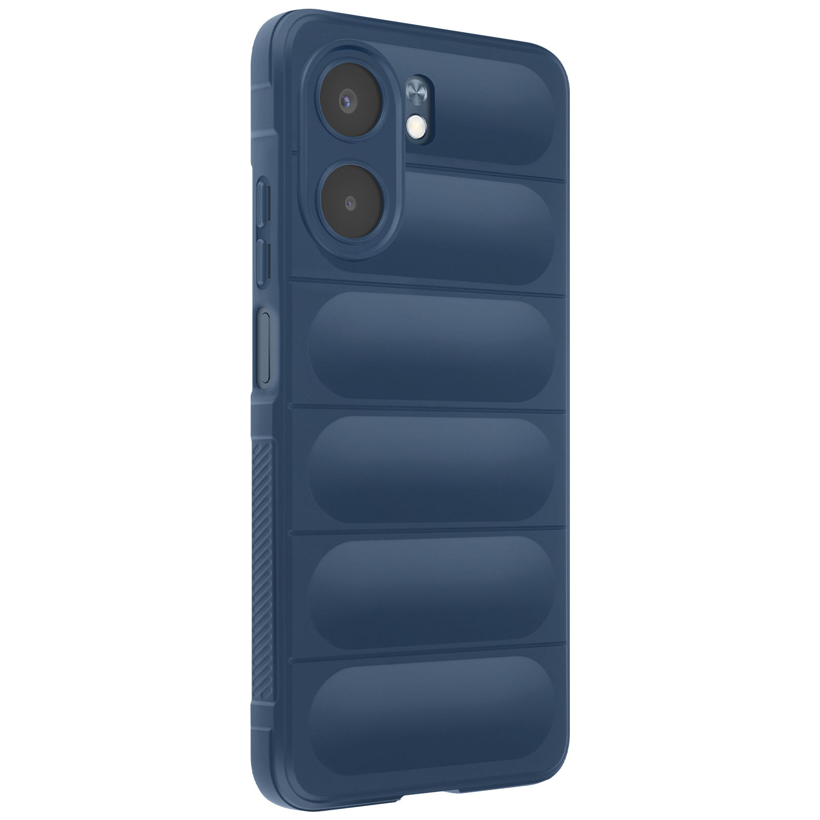 Una custodia blu per telefono con un design imbottito. Ha fori per la fotocamera e pulsanti laterali.