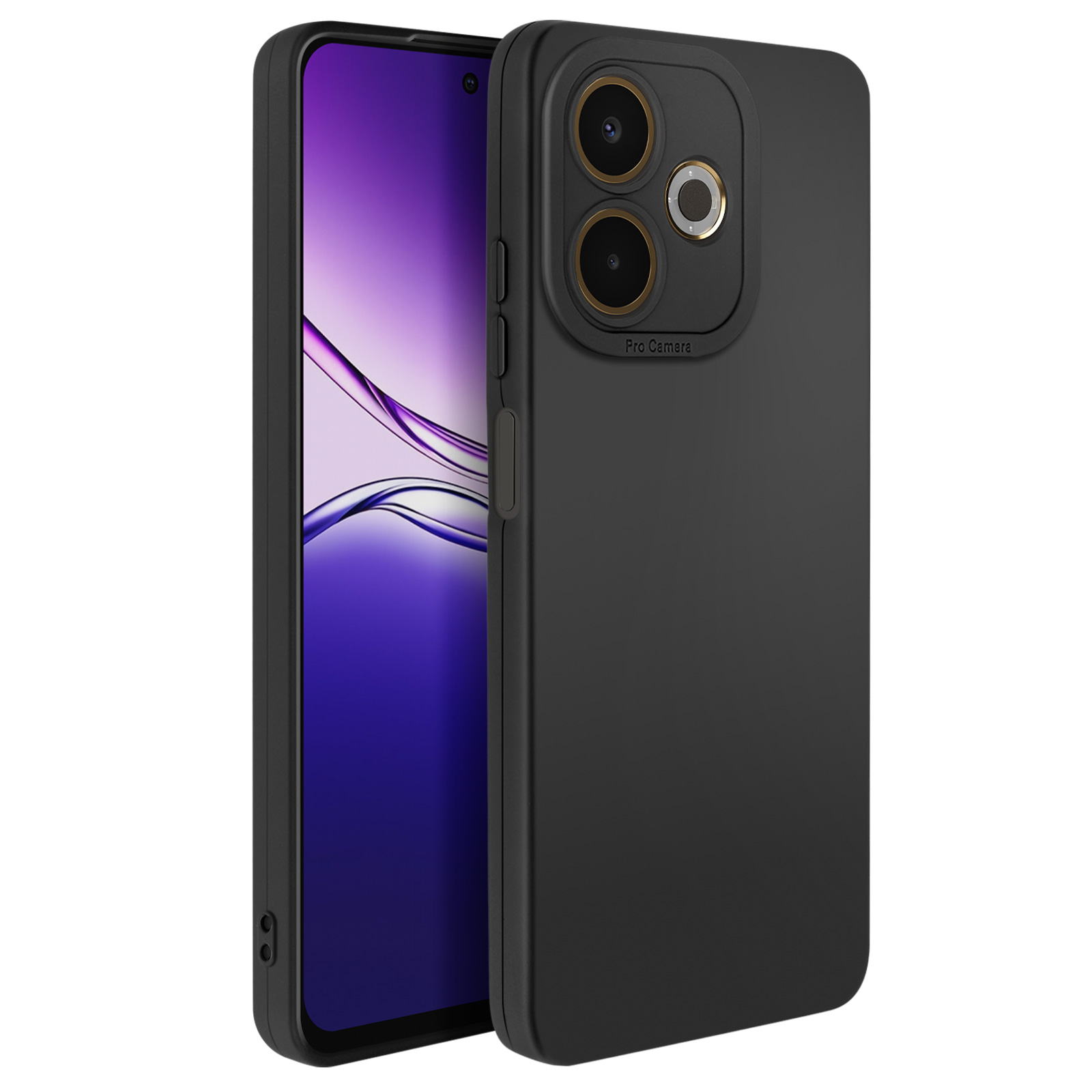Zwarte telefoon met een paars scherm, in een zwarte beschermhoes. De hoes heeft de inscriptie 'Pro Camera'.
