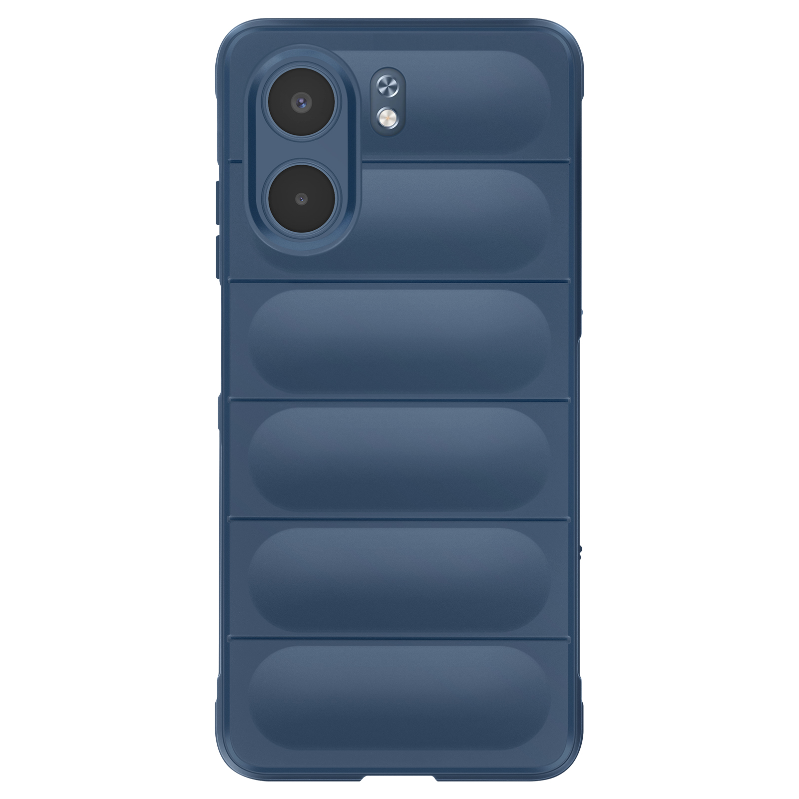 Una custodia blu per telefono con superficie strutturata, due obiettivi e un piccolo flash.