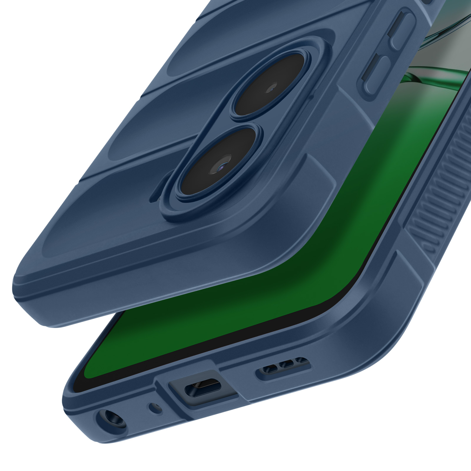 Una custodia blu per telefono con due fori per fotocamera, parzialmente aperta, che mostra uno schermo verde. Sfondo bianco.