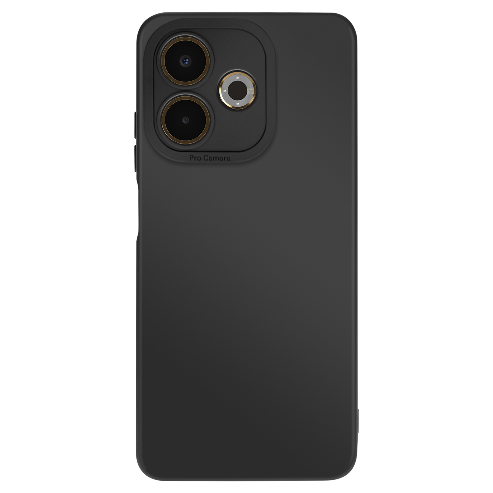 Zwarte telefoonhoes met drie cameralenzen en een flitser. De hoes is donker en eenvoudig.