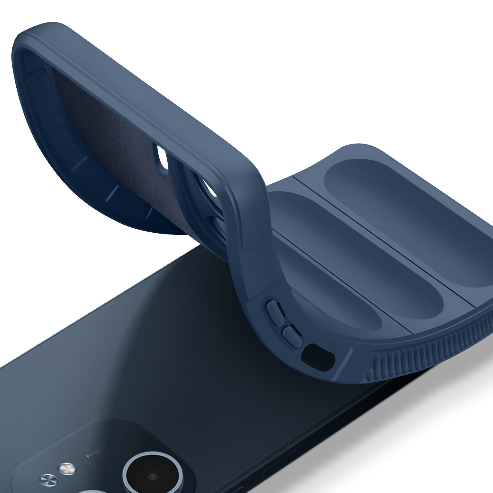 Una custodia blu per telefono è parzialmente aperta, rivelando il telefono. La custodia ha pulsanti e fessure. Sfondo bianco.